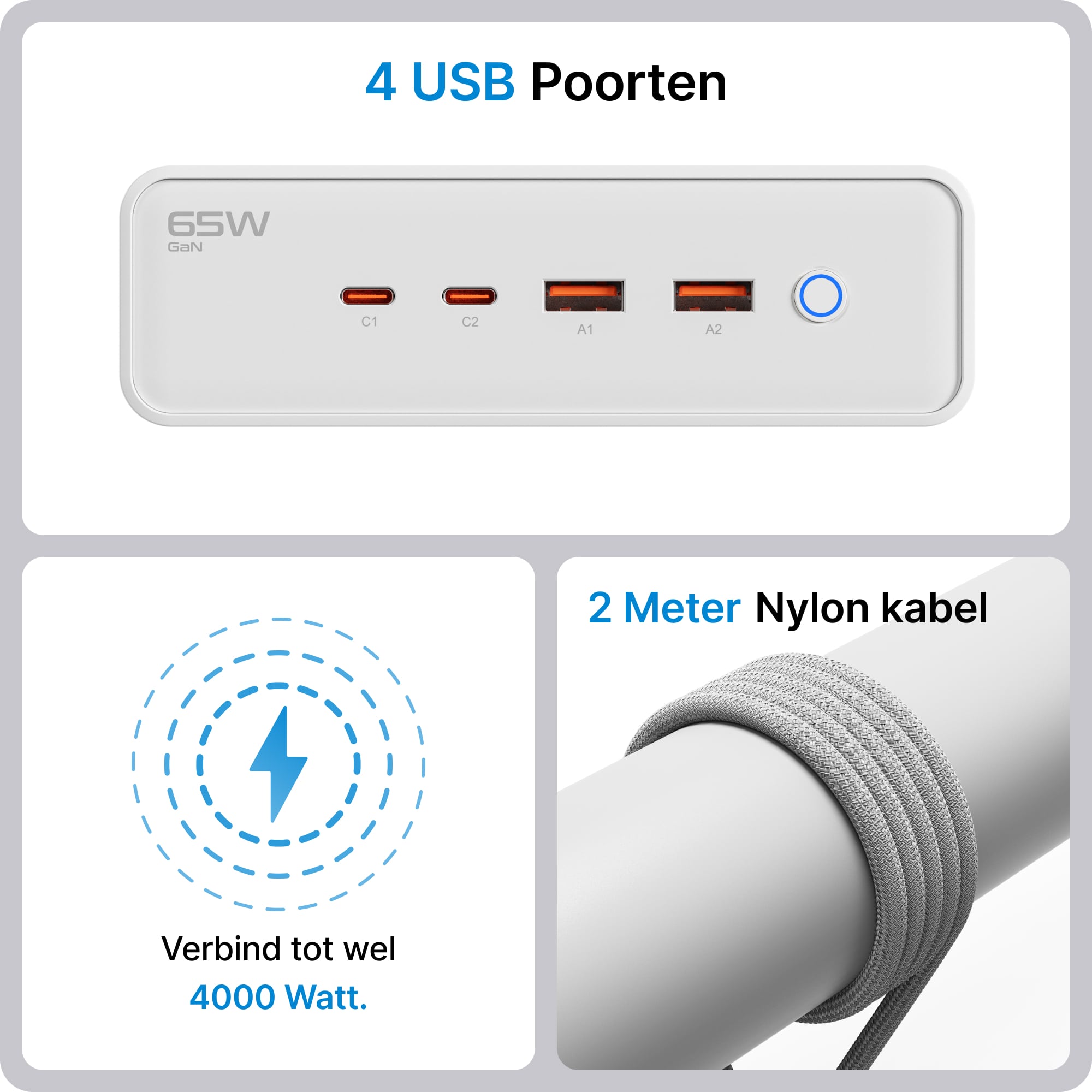 Voomy Power S20 - 65W Stekkerdoos 2 USB-C, 2 USB-A & 2 EU 4000W - Wit