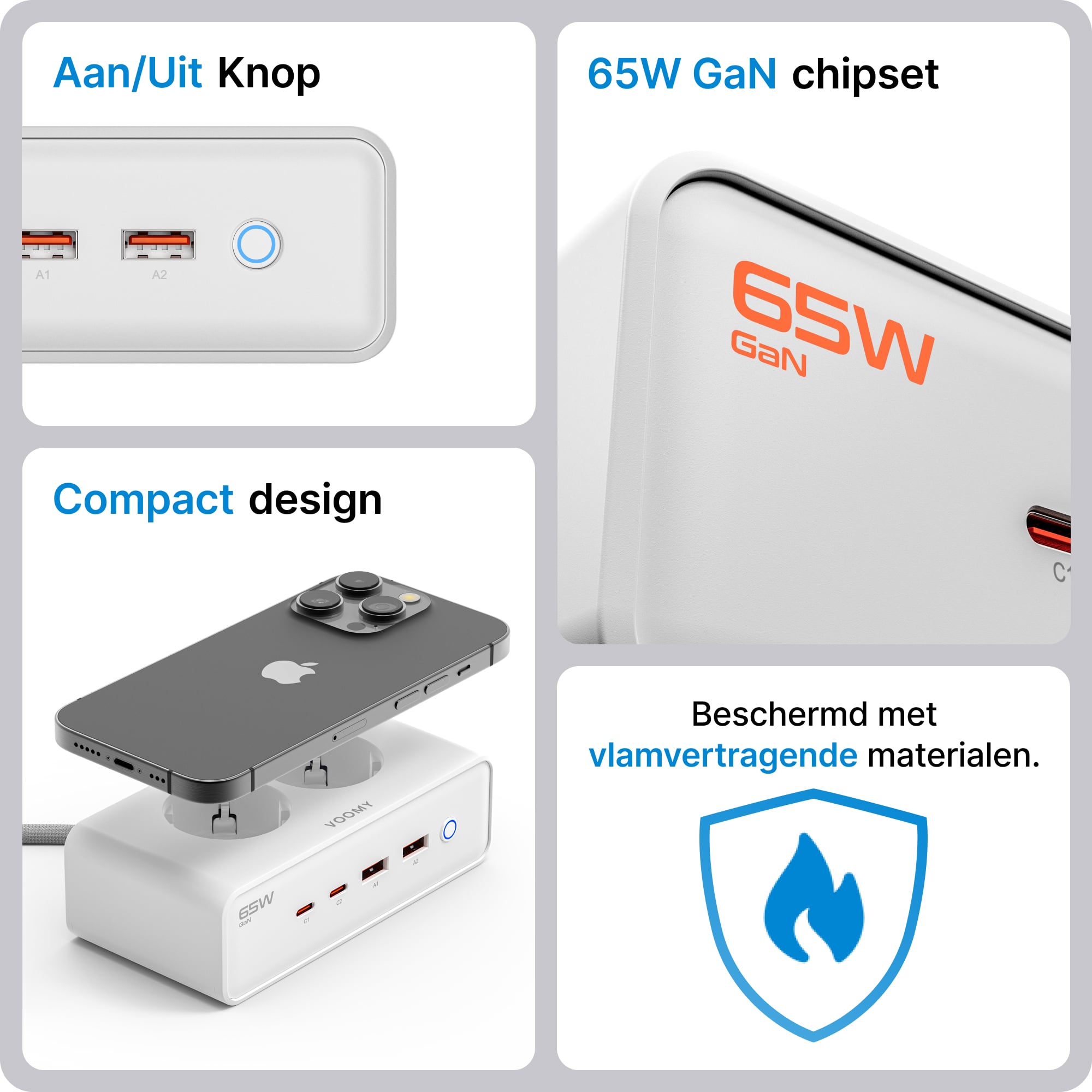 Voomy Power S20 - 65W Stekkerdoos 2 USB-C, 2 USB-A & 2 EU 4000W - Wit