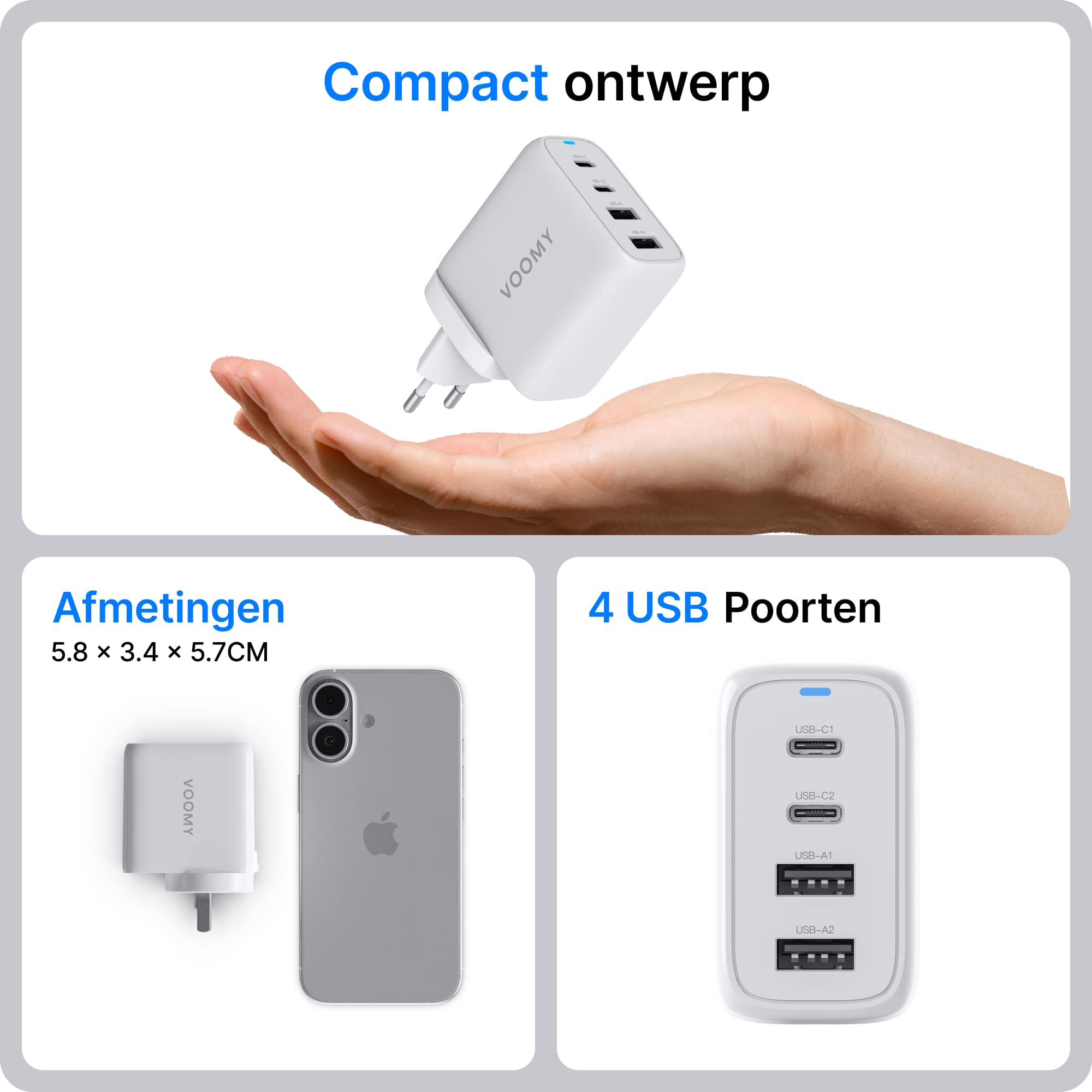 Voomy Travel Y42 Modulaire Wereldstekker - 4 USB Poorten - 2 USB-C & 2 USB-A - Wereldstekker Universeel - Wit