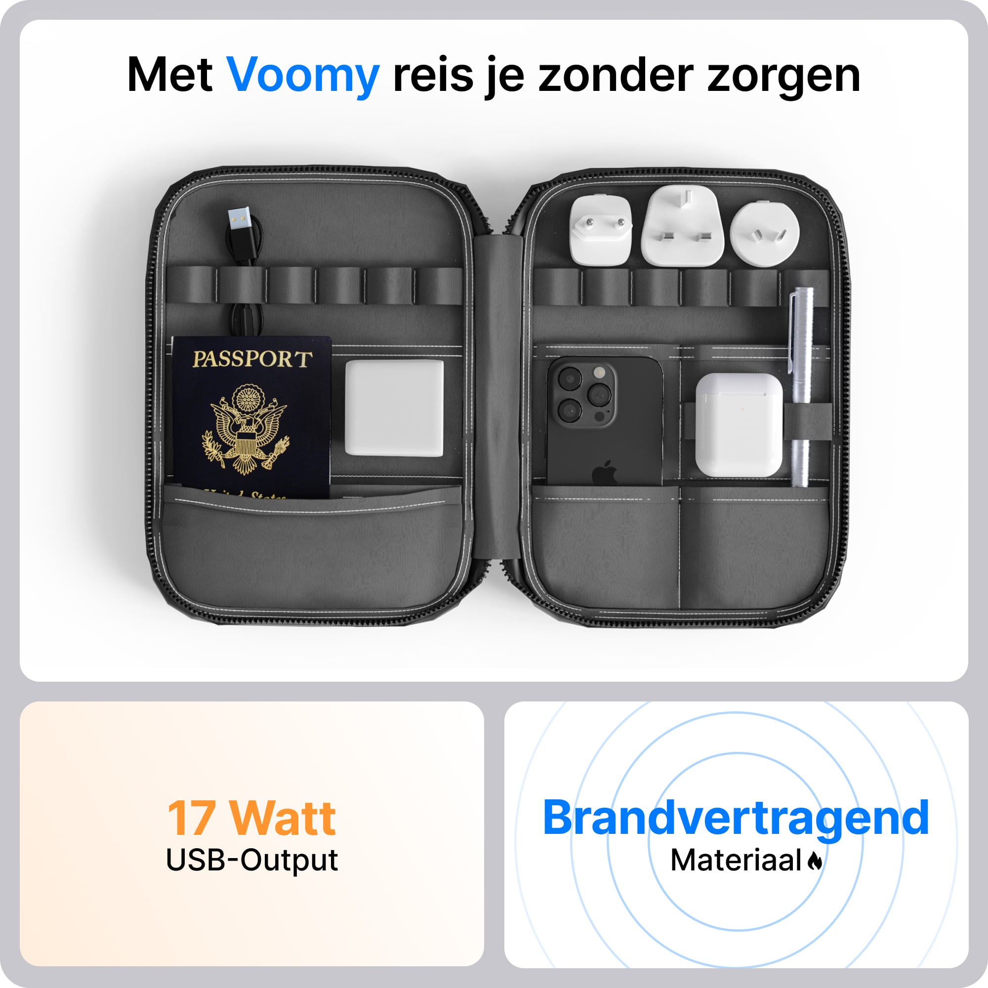 Voomy Travel Y42 Modulaire Wereldstekker - 4 USB Poorten - 2 USB-C & 2 USB-A - Wereldstekker Universeel - Wit