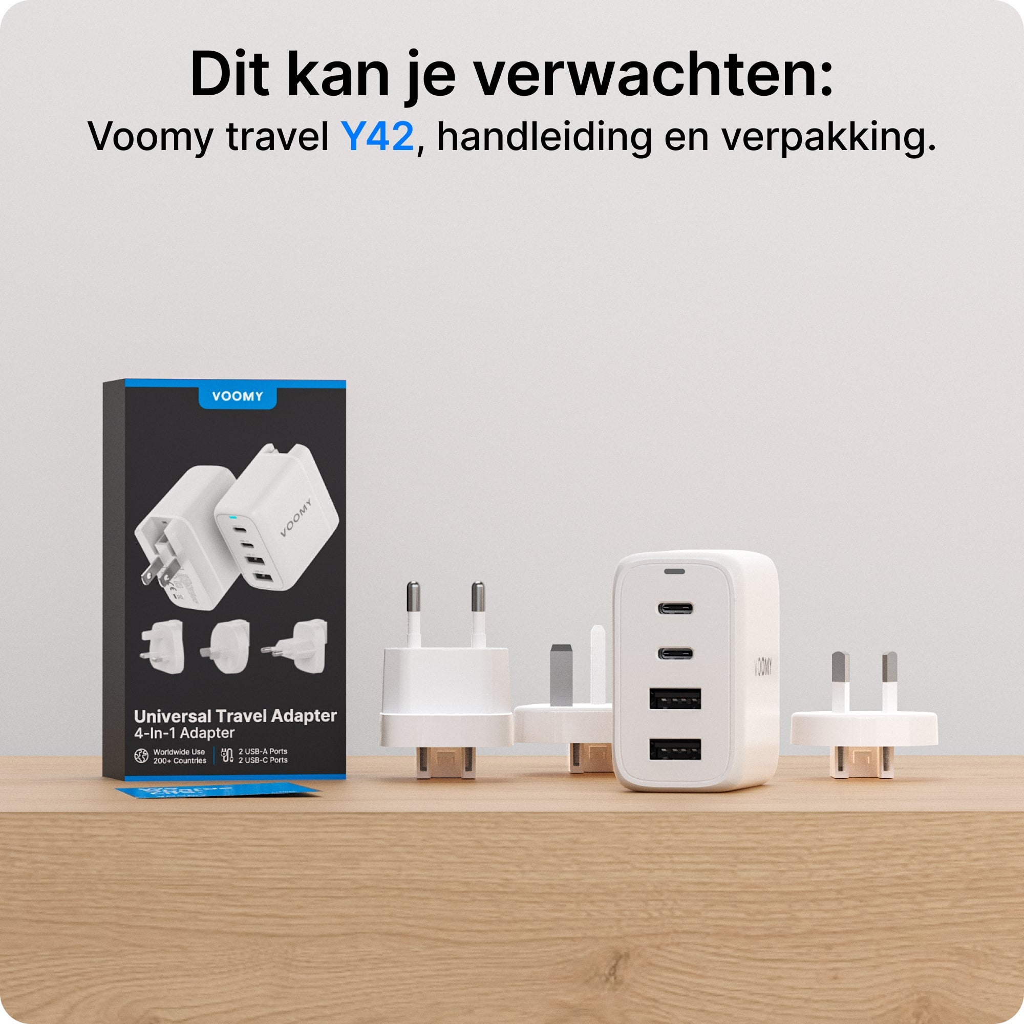 Voomy Travel Y42 Modulaire Wereldstekker - 4 USB Poorten - 2 USB-C & 2 USB-A - Wereldstekker Universeel - Wit