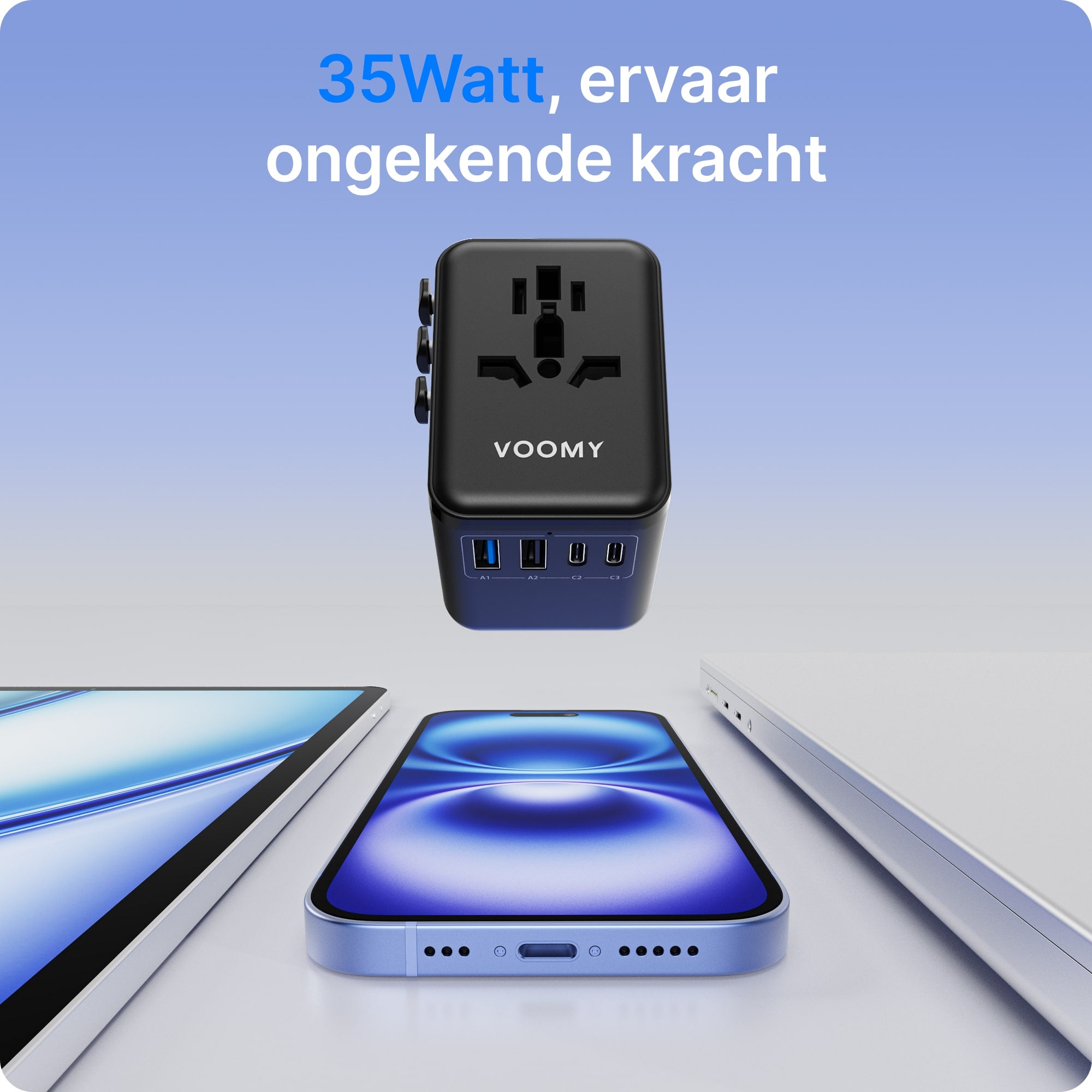 Voomy Travel Y35 - Wereldstekker - 200+ Landen - 35W Snellader - 3 USB-C 2 USB-A poorten - Zwart