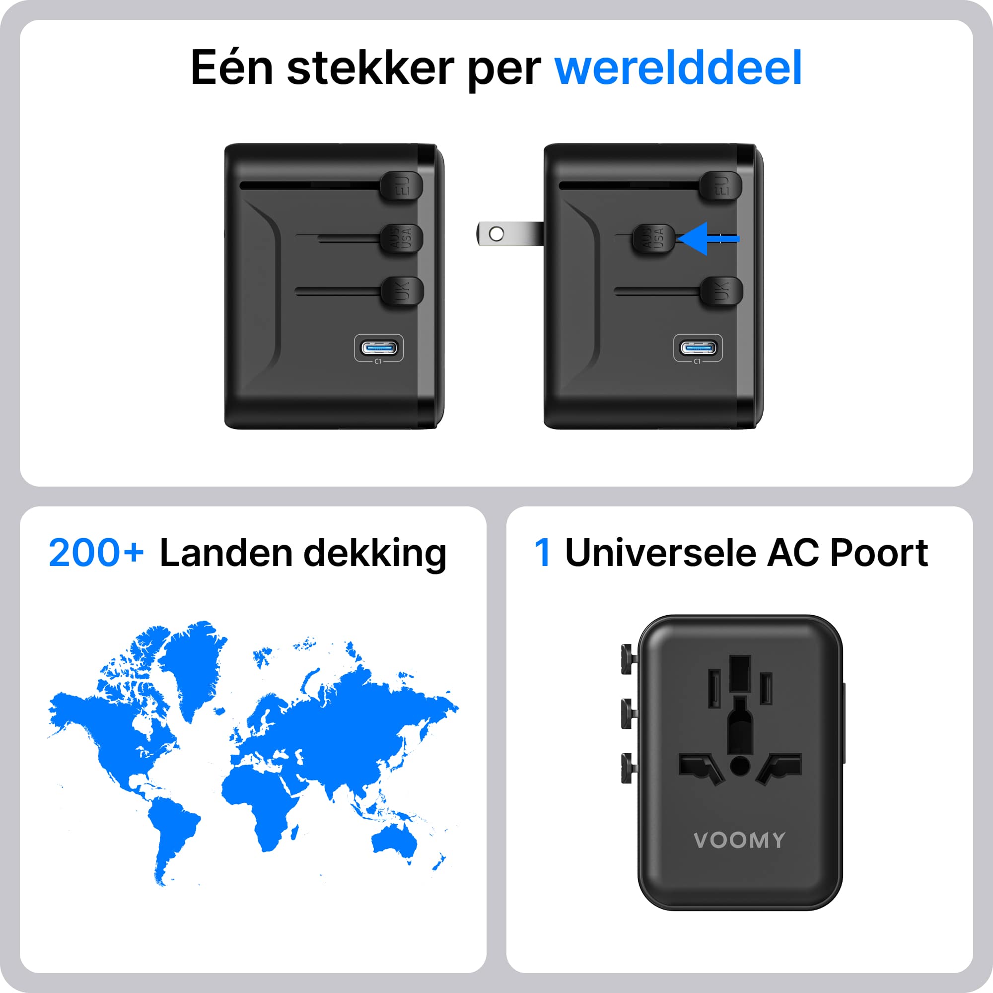 Voomy Travel Y35 - Wereldstekker - 200+ Landen - 35W Snellader - 3 USB-C 2 USB-A poorten - Zwart
