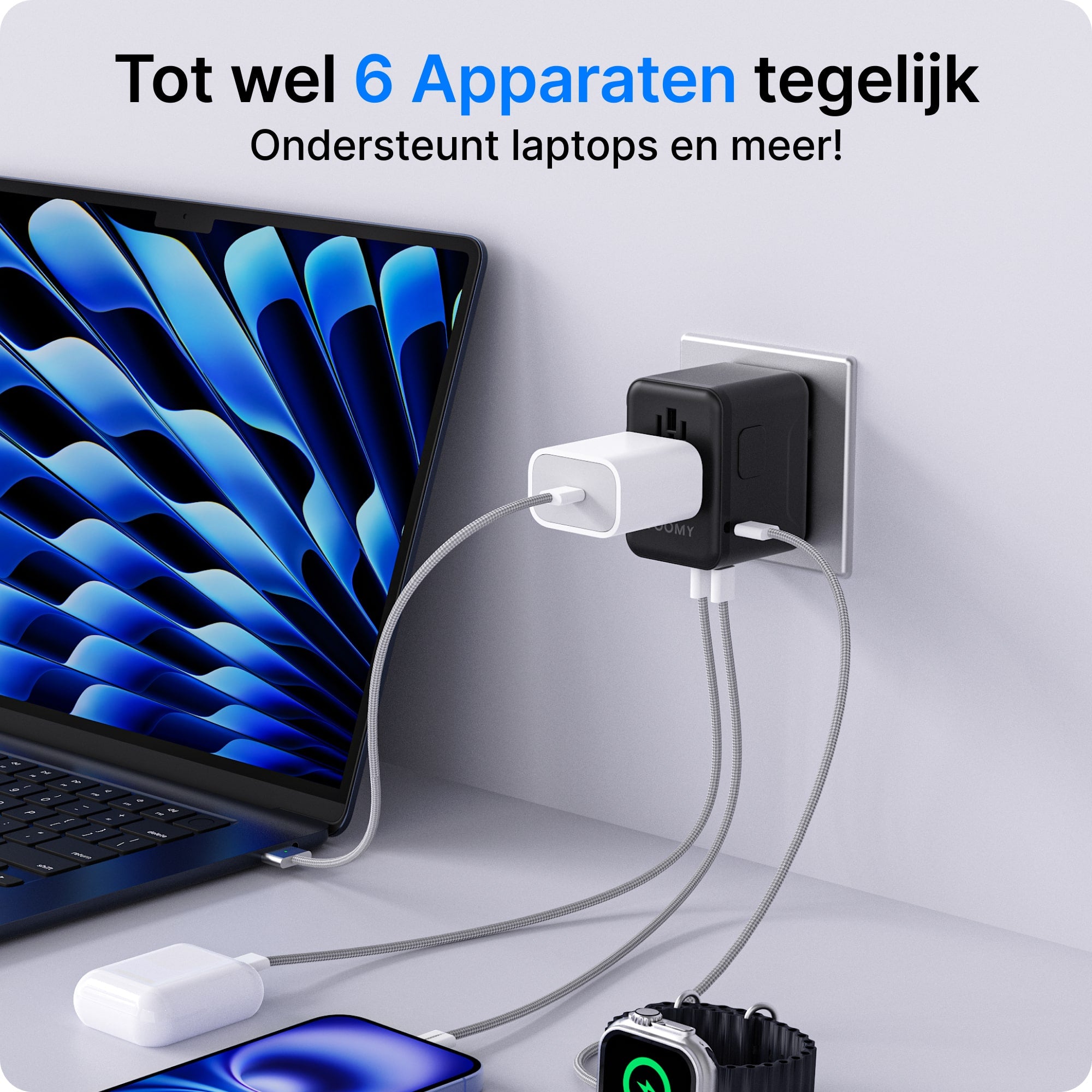 Voomy Travel Y35 - Wereldstekker - 200+ Landen - 35W Snellader - 3 USB-C 2 USB-A poorten - Zwart