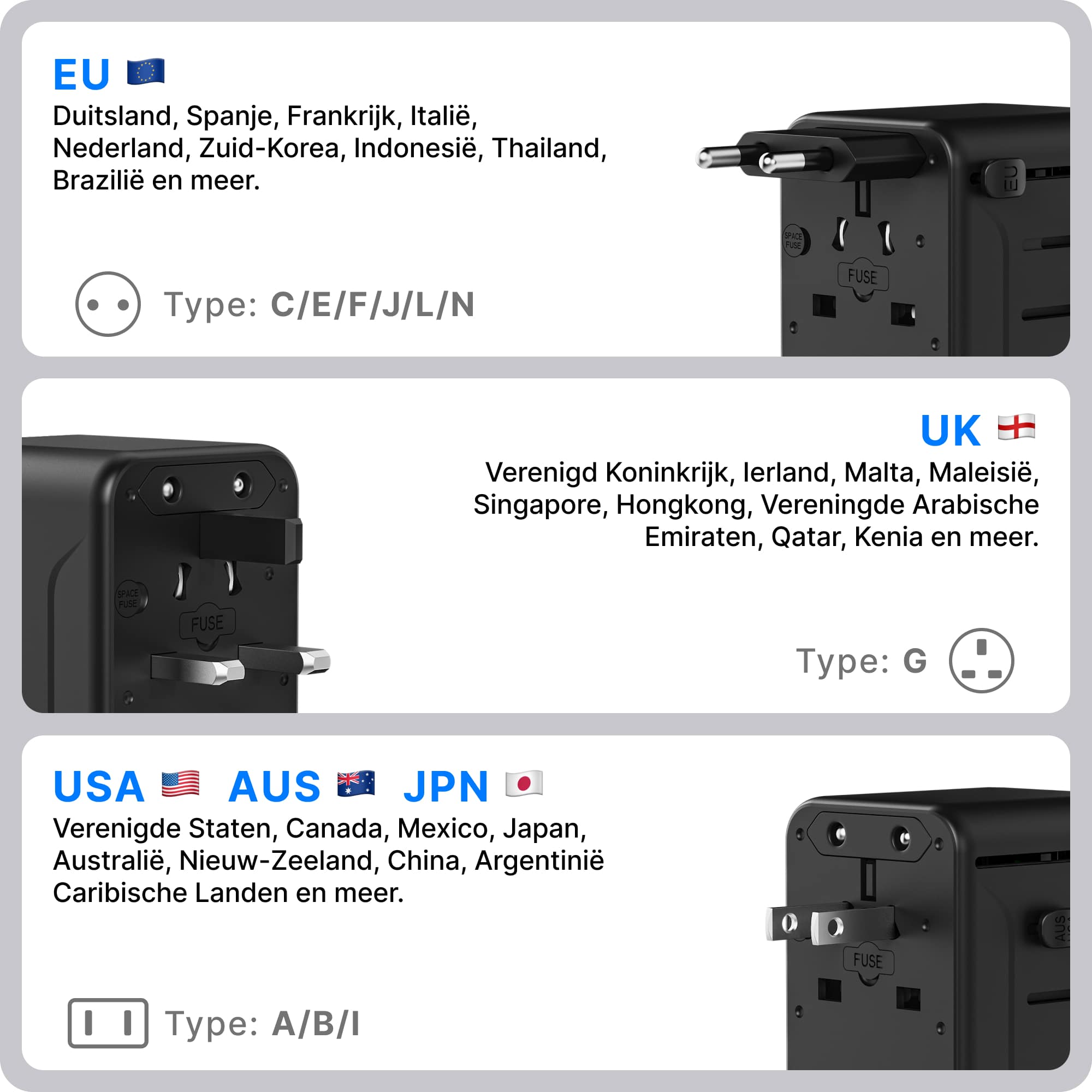 Voomy Travel Y35 - Wereldstekker - 200+ Landen - 35W Snellader - 3 USB-C 2 USB-A poorten - Zwart