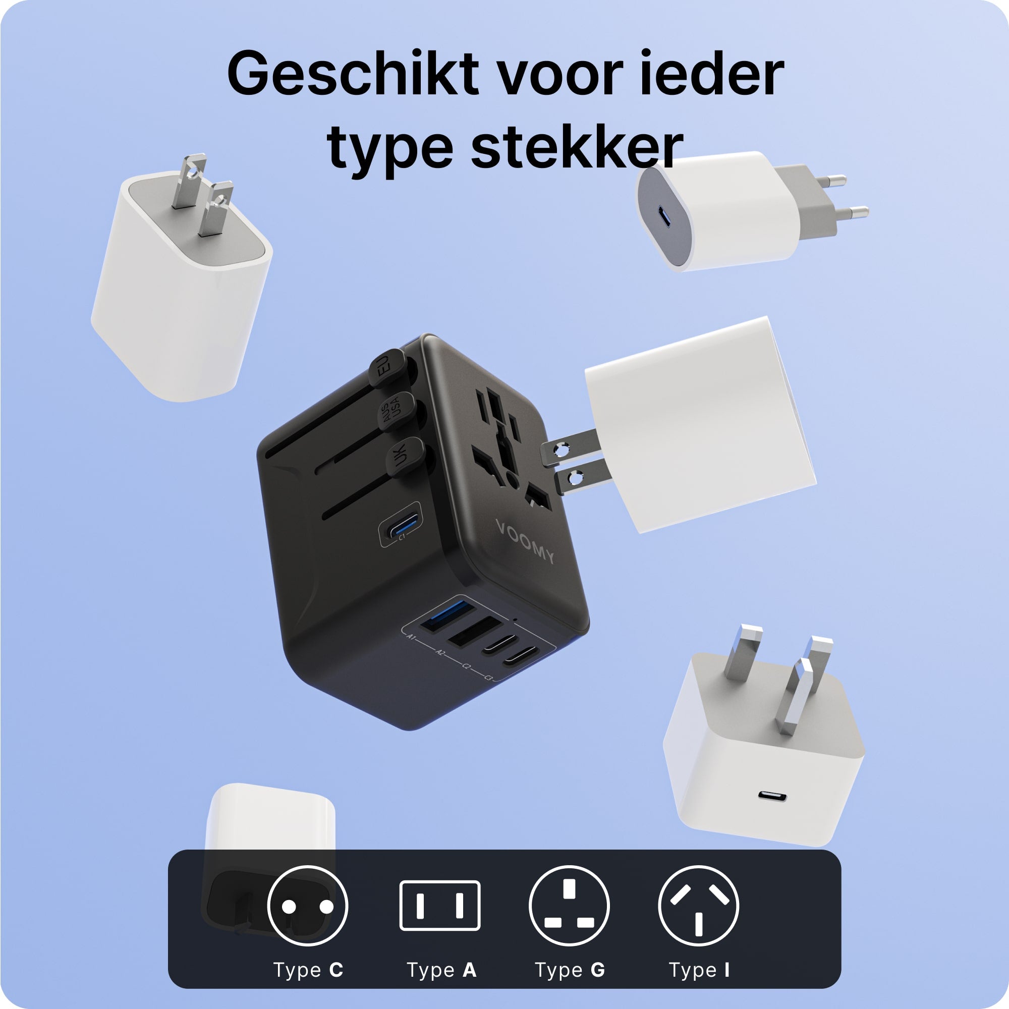 Voomy Travel Y35 - Wereldstekker - 200+ Landen - 35W Snellader - 3 USB-C 2 USB-A poorten - Zwart