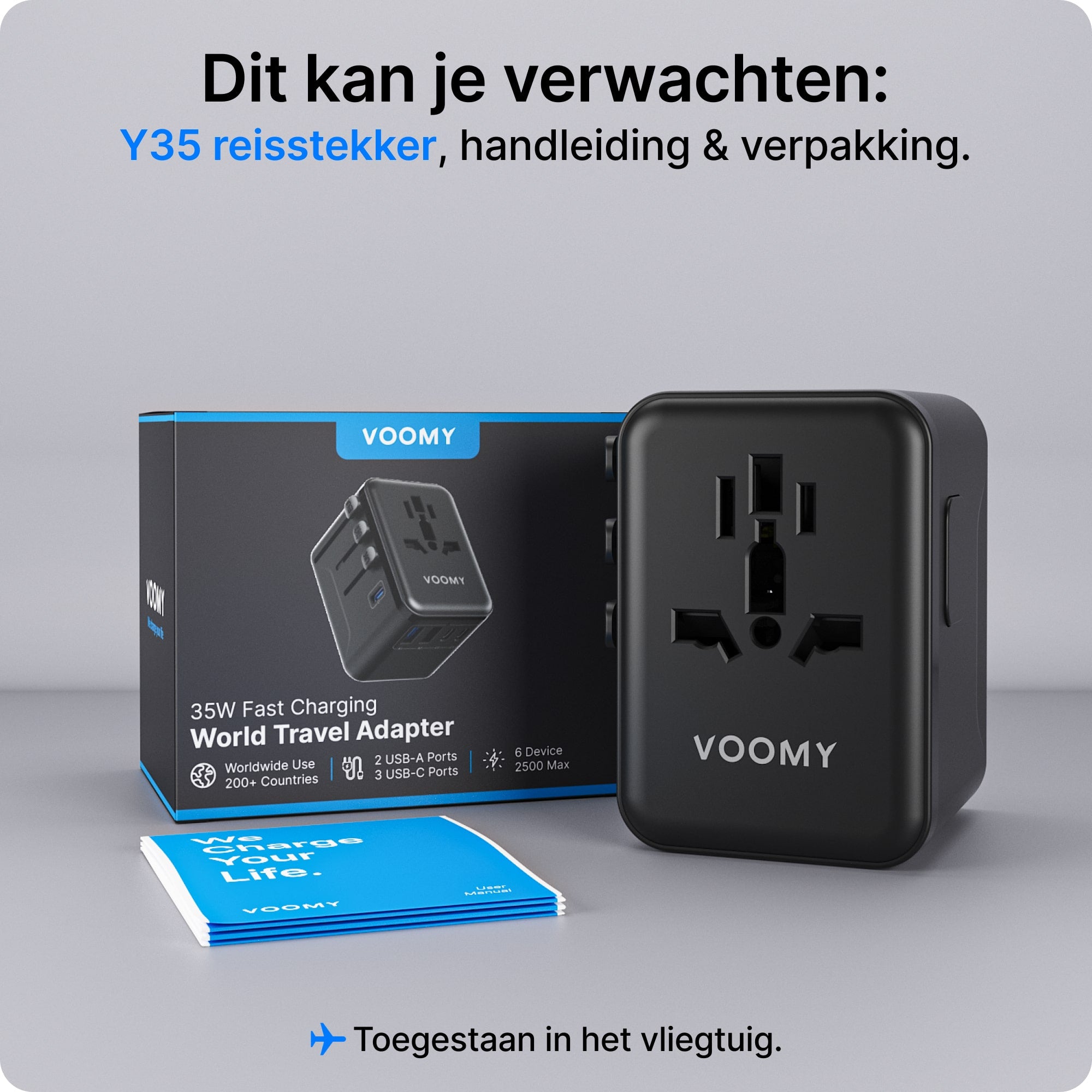 Voomy Travel Y35 - Wereldstekker - 200+ Landen - 35W Snellader - 3 USB-C 2 USB-A poorten - Zwart