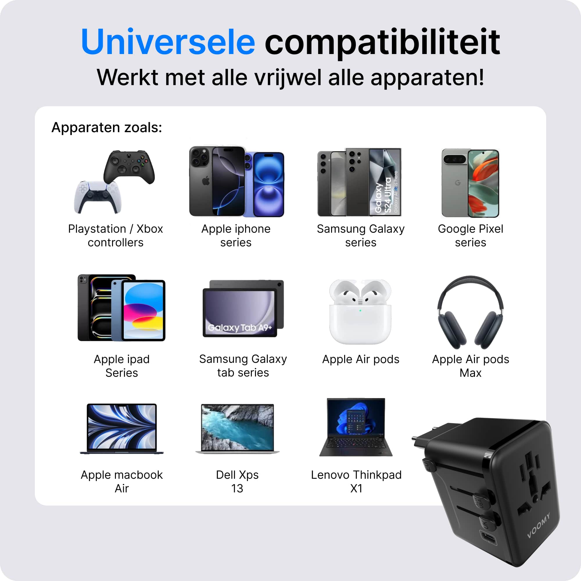 Voomy Travel Y35 - Wereldstekker - 200+ Landen - 35W Snellader - 3 USB-C 2 USB-A poorten - Zwart