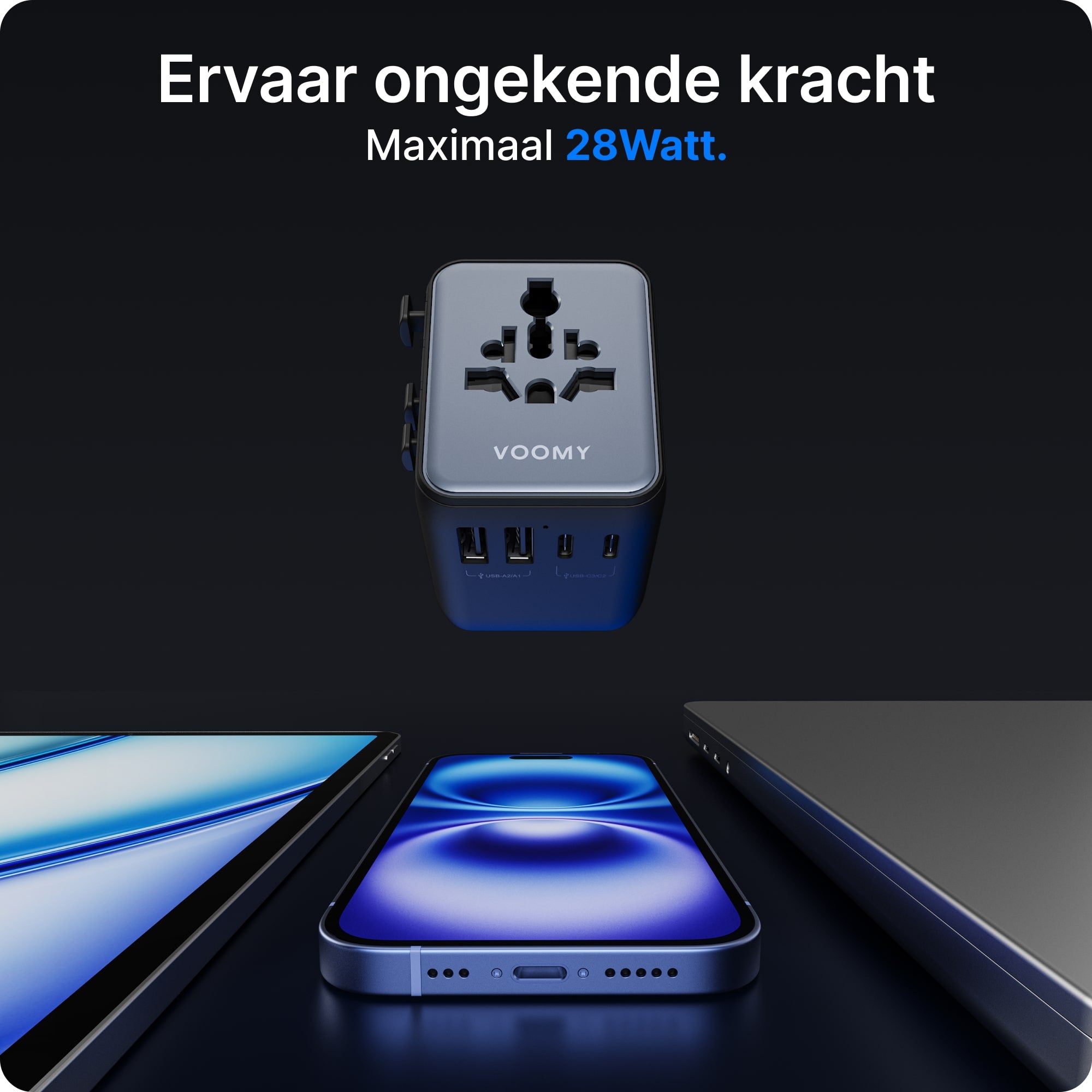 Voomy Travel Y628 - Wereldstekker - 200+ Landen - 28W Snellader - 3 USB-C 2 USB-A poorten - Space Gray/Blauw