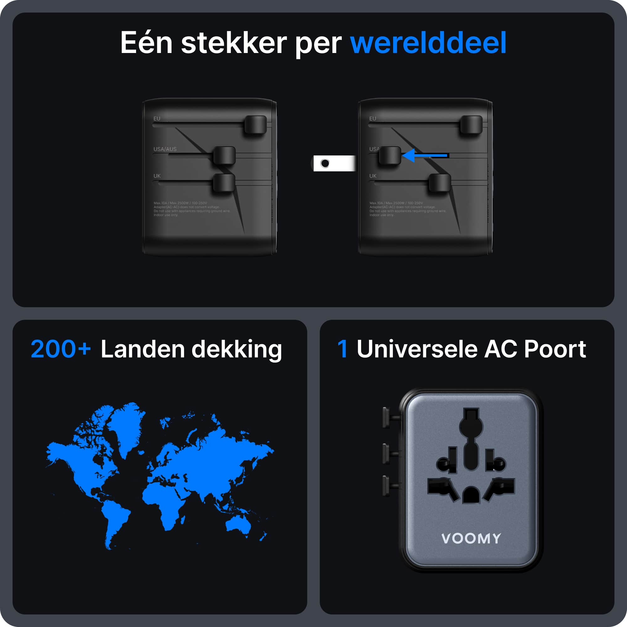 Voomy Travel Y628 - Wereldstekker - 200+ Landen - 28W Snellader - 3 USB-C 2 USB-A poorten - Space Gray/Blauw