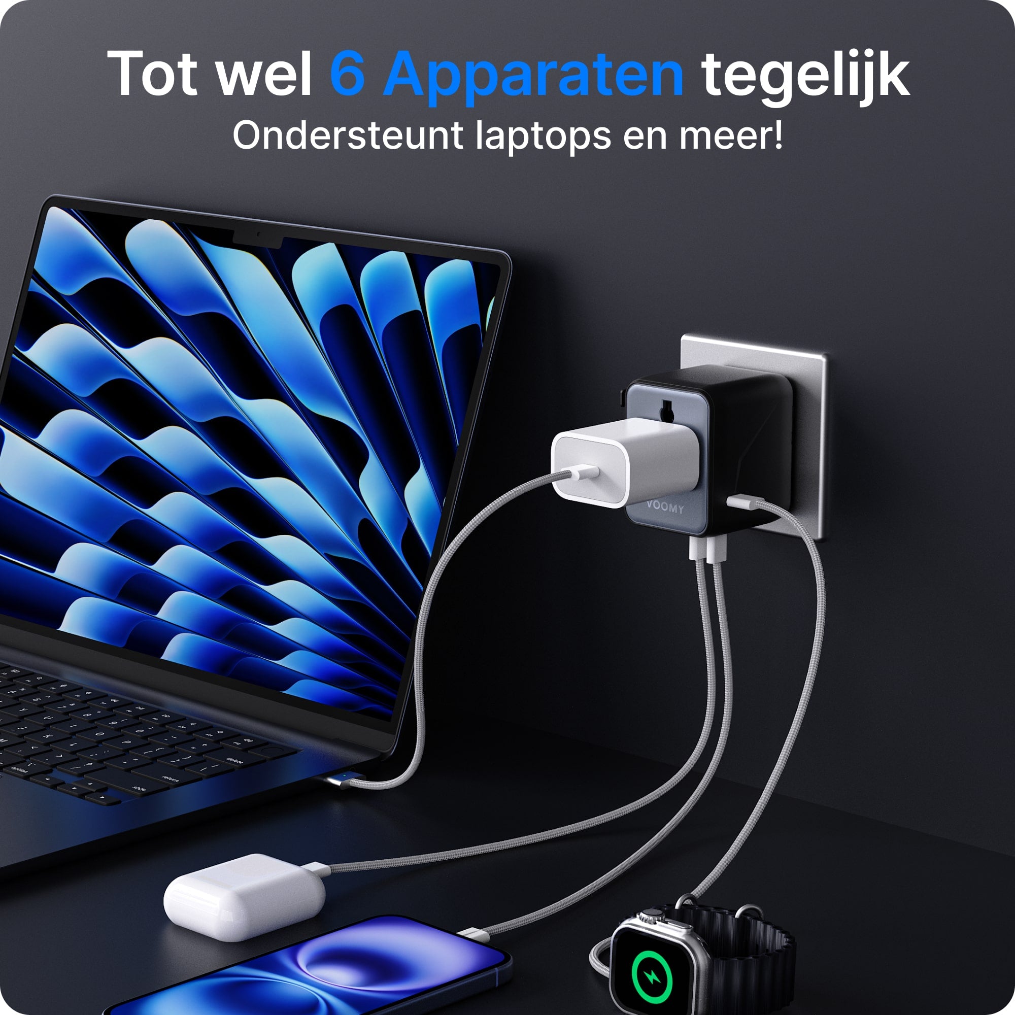 Voomy Travel Y628 - Wereldstekker - 200+ Landen - 28W Snellader - 3 USB-C 2 USB-A poorten - Space Gray/Blauw