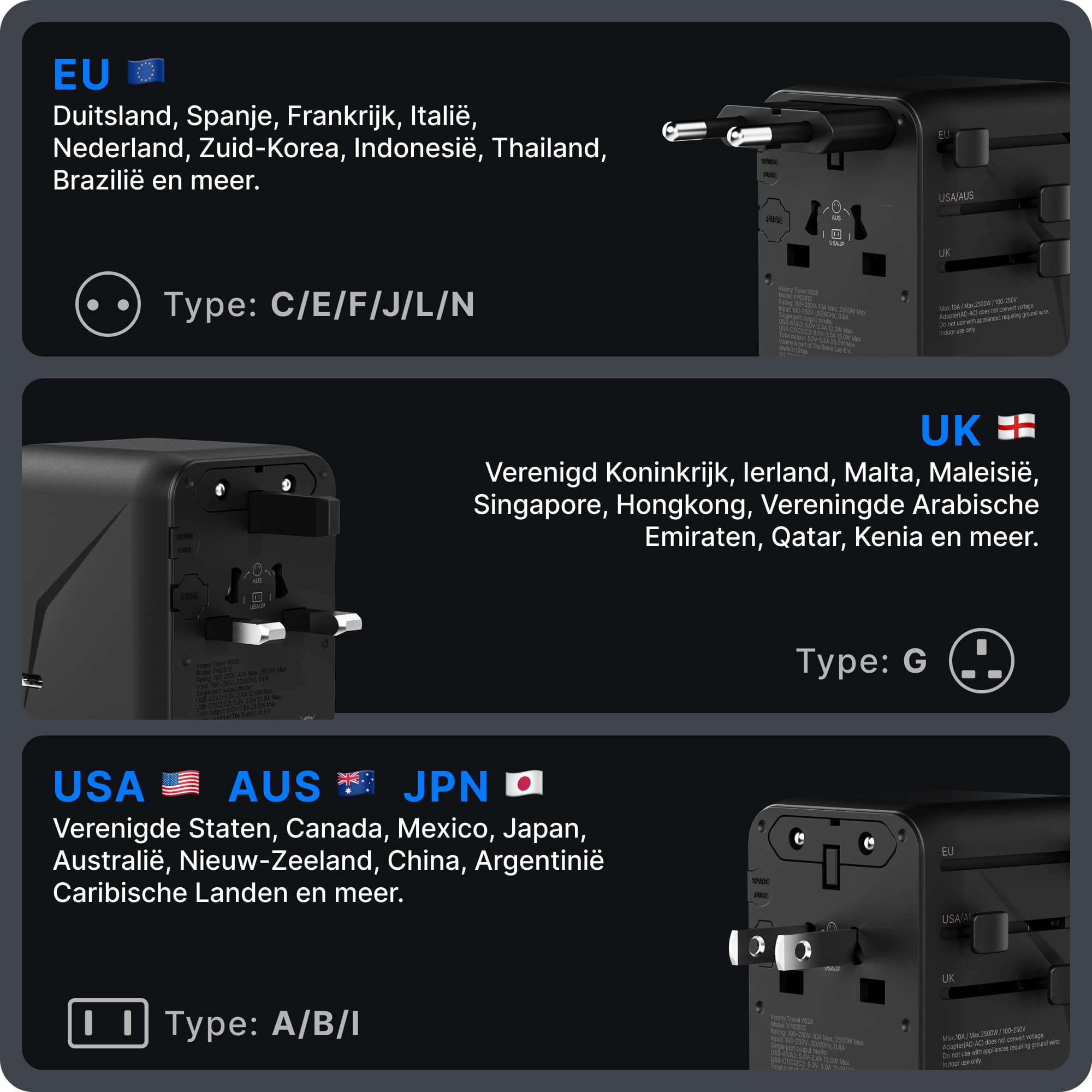 Voomy Travel Y628 - Wereldstekker - 200+ Landen - 28W Snellader - 3 USB-C 2 USB-A poorten - Space Gray/Blauw