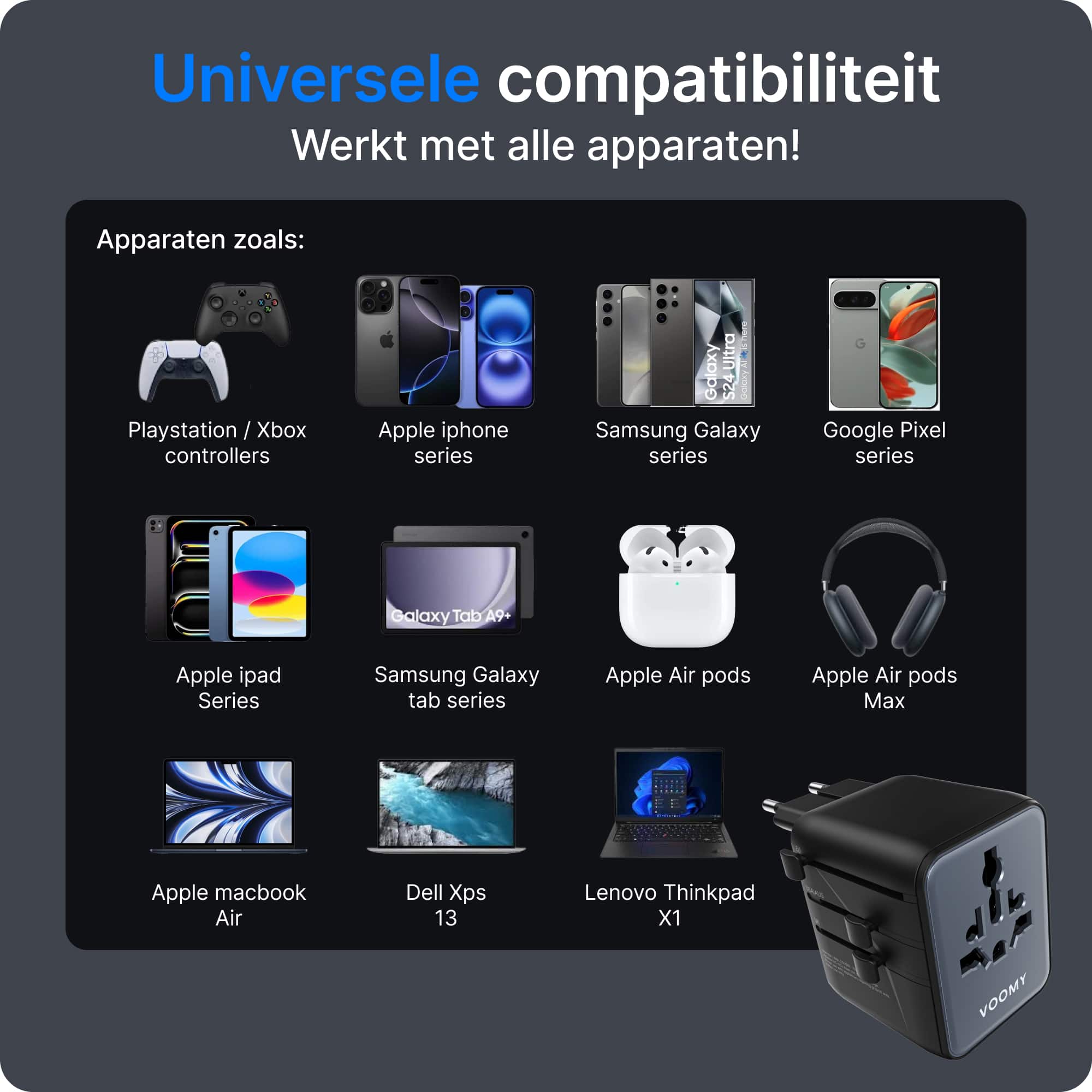 Voomy Travel Y628 - Wereldstekker - 200+ Landen - 28W Snellader - 3 USB-C 2 USB-A poorten - Space Gray/Blauw