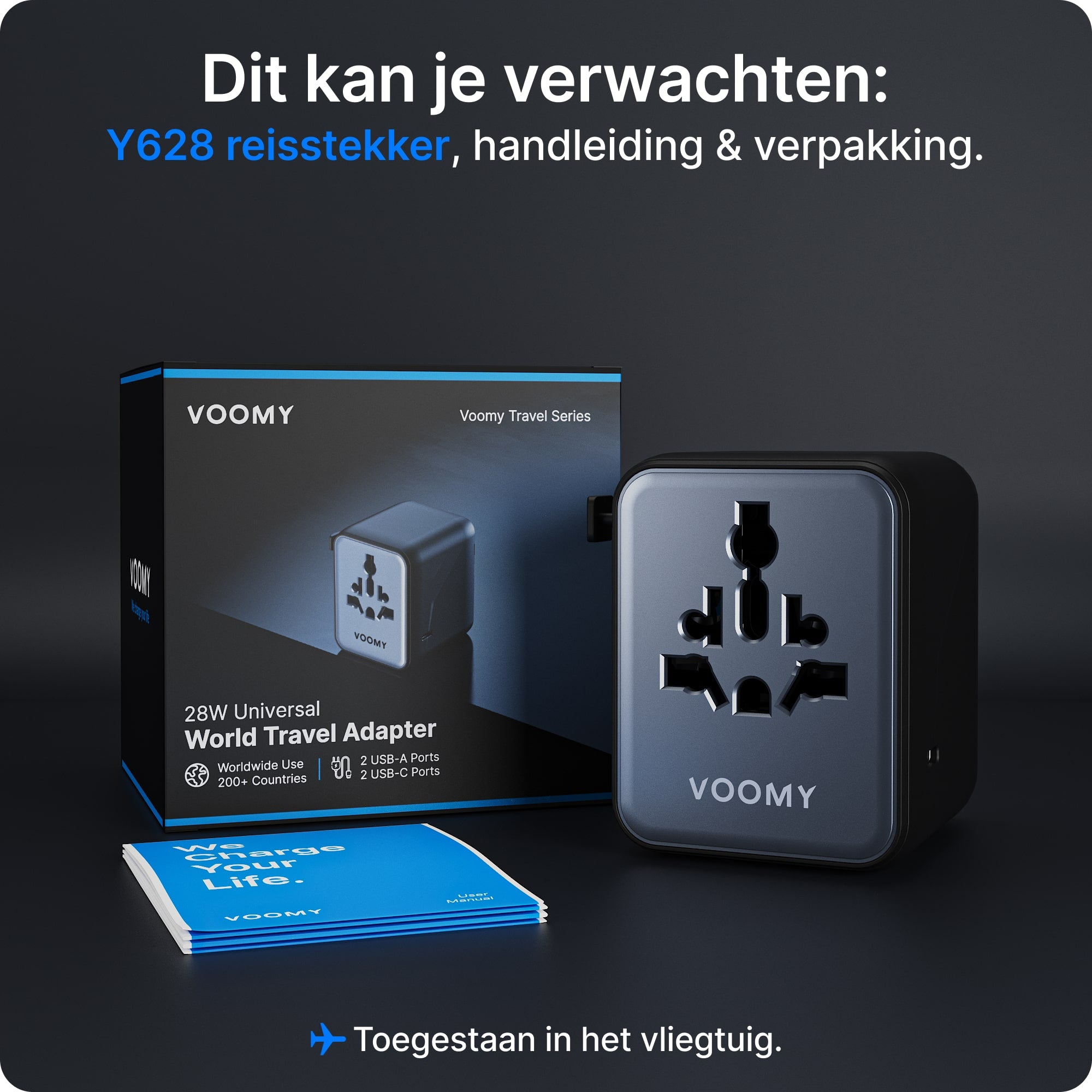 Voomy Travel Y628 - Wereldstekker - 200+ Landen - 28W Snellader - 3 USB-C 2 USB-A poorten - Space Gray/Blauw