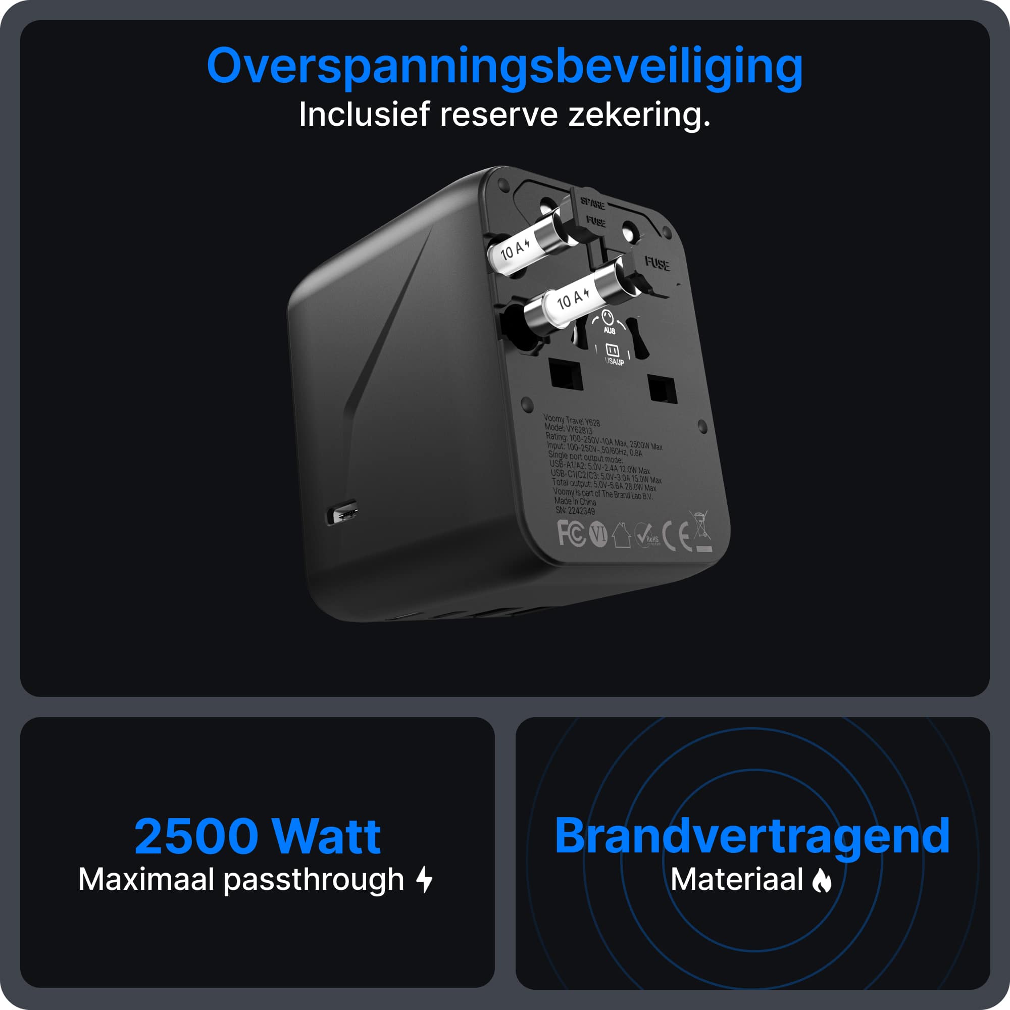 Voomy Travel Y628 - Wereldstekker - 200+ Landen - 28W Snellader - 3 USB-C 2 USB-A poorten - Space Gray/Blauw