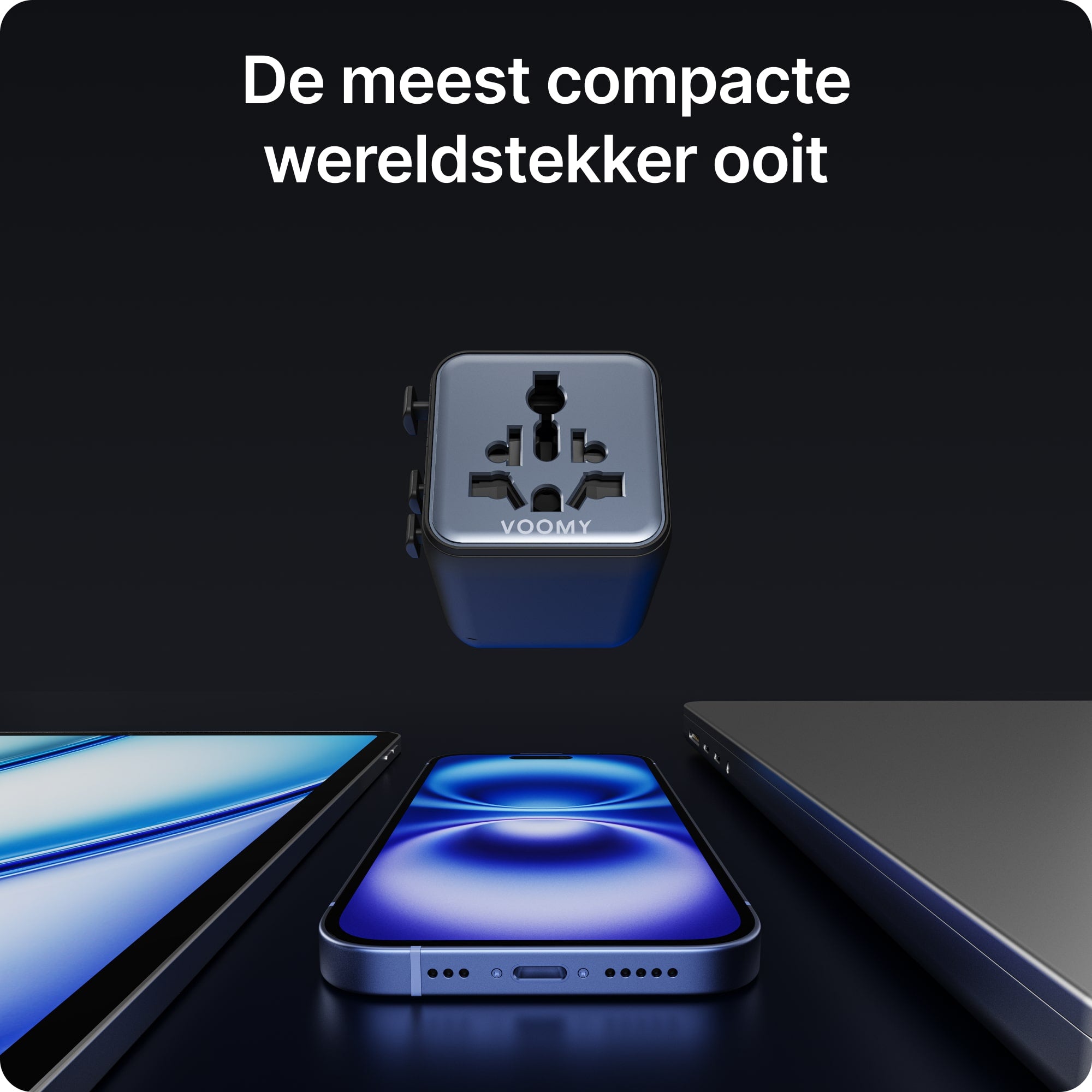 Voomy Travel Y601 - Universele reisstekker - 170+ Landen - 2500W - Wereldstekker - Space grey/blauw