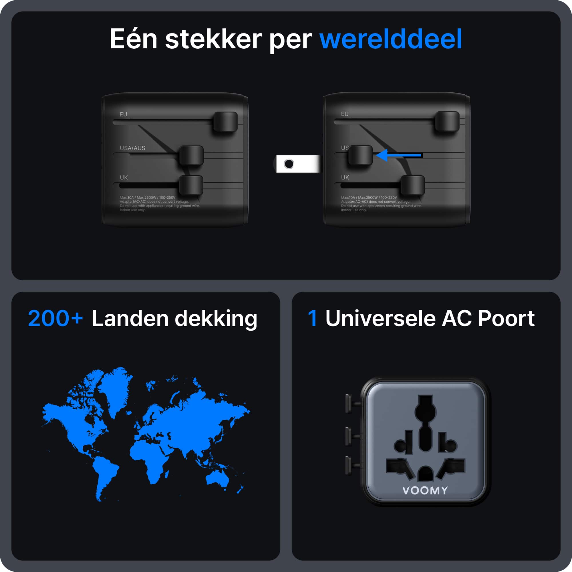 Voomy Travel Y601 - Universele reisstekker - 170+ Landen - 2500W - Wereldstekker - Space grey/blauw