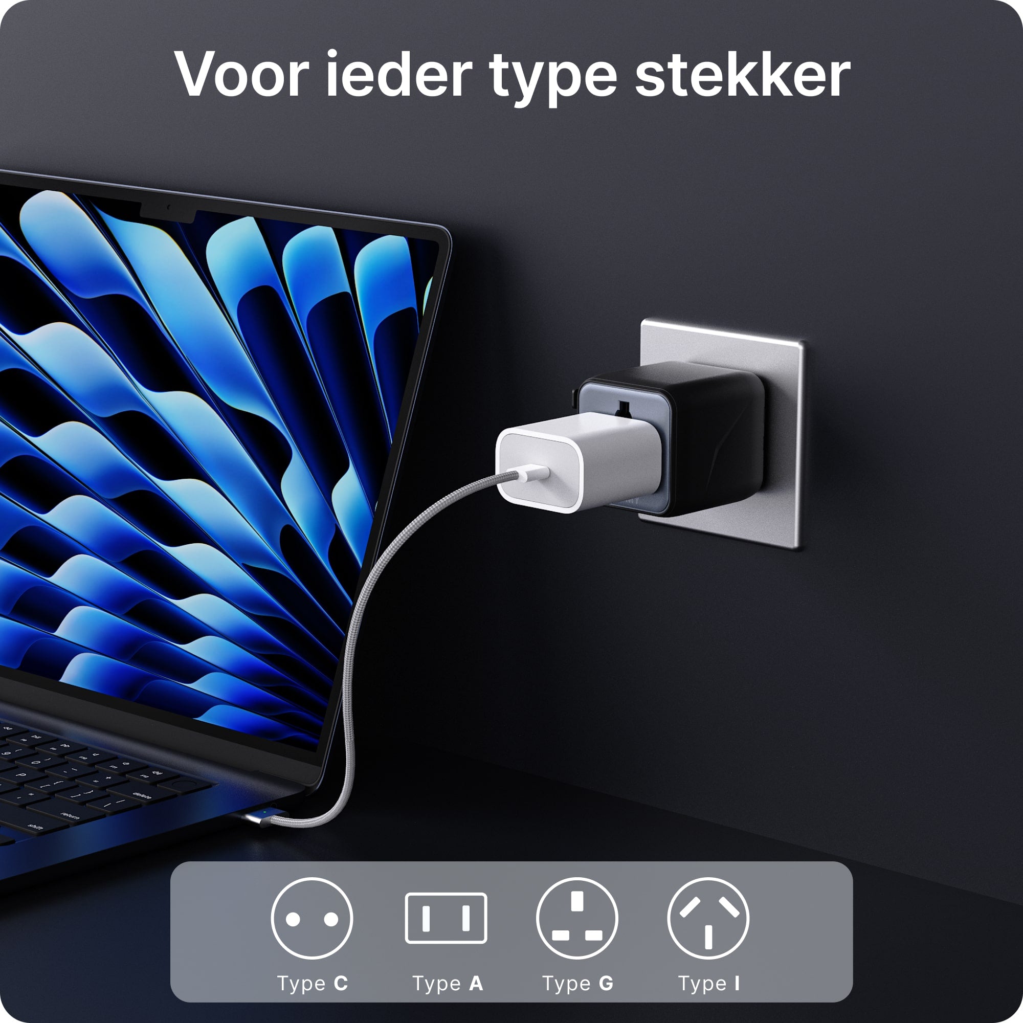 Voomy Travel Y601 - Universele reisstekker - 170+ Landen - 2500W - Wereldstekker - Space grey/blauw