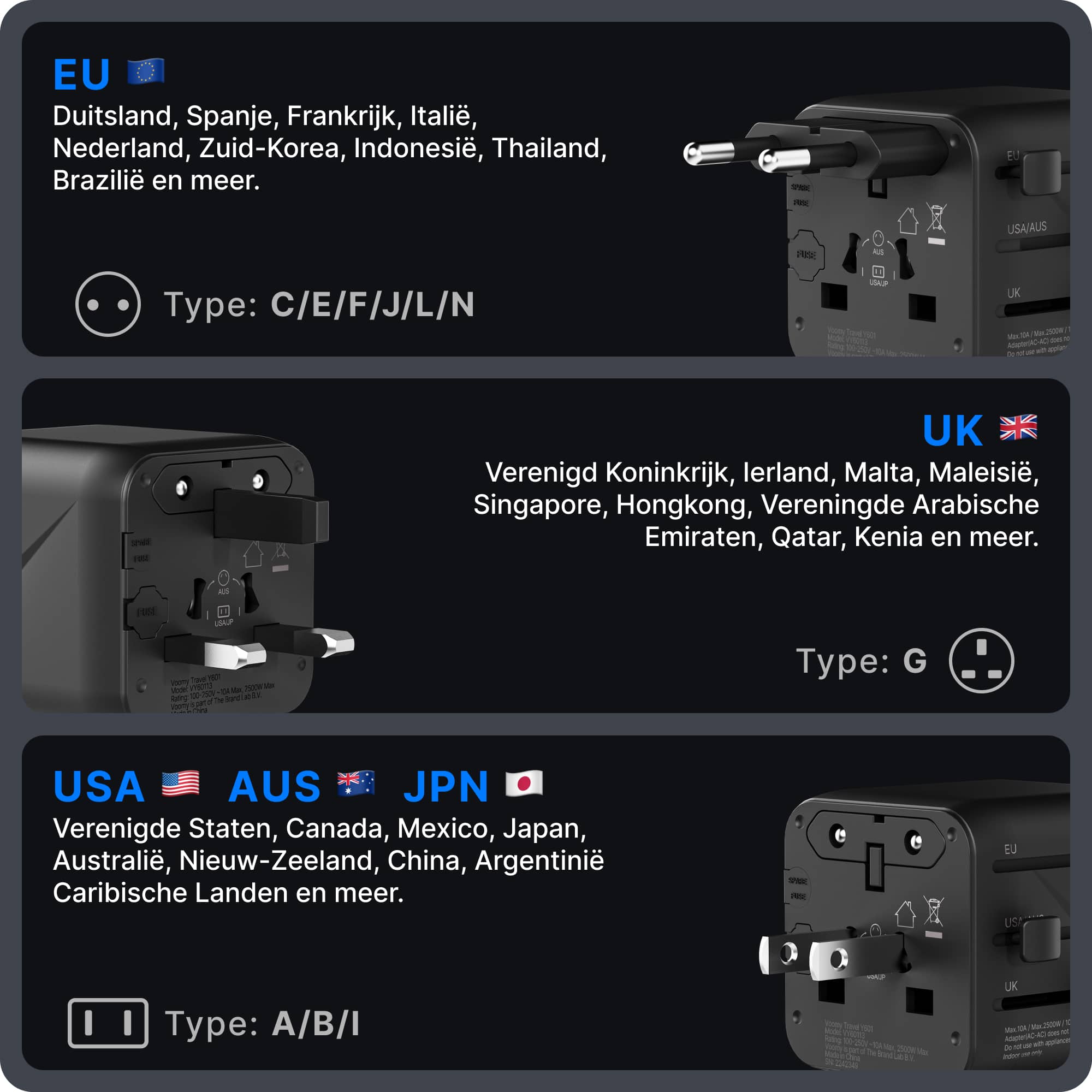 Voomy Travel Y601 - Universele reisstekker - 170+ Landen - 2500W - Wereldstekker - Space grey/blauw