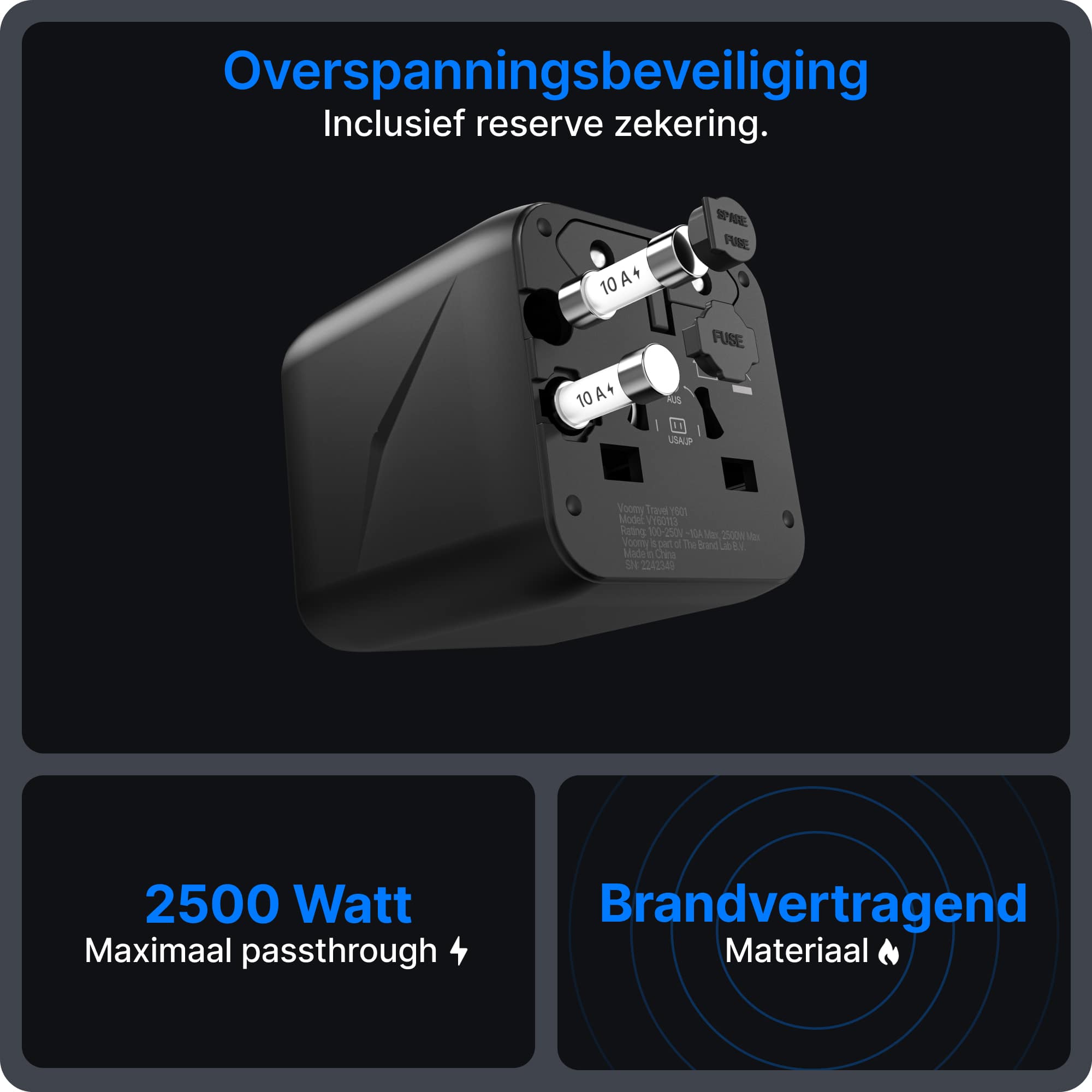 Voomy Travel Y601 - Universele reisstekker - 170+ Landen - 2500W - Wereldstekker - Space grey/blauw