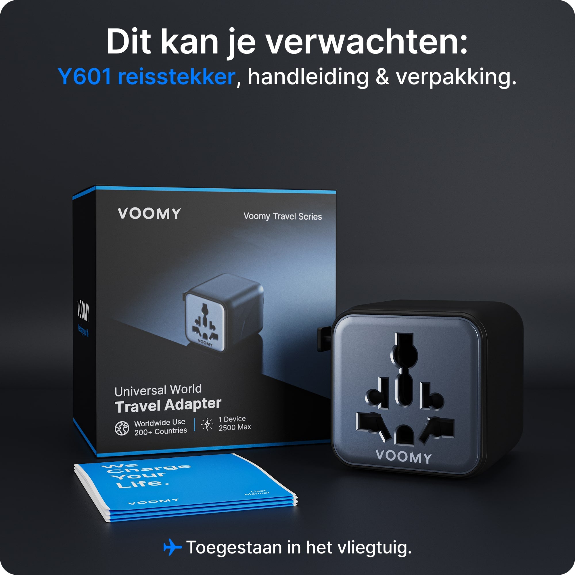 Voomy Travel Y601 - Universele reisstekker - 170+ Landen - 2500W - Wereldstekker - Space grey/blauw