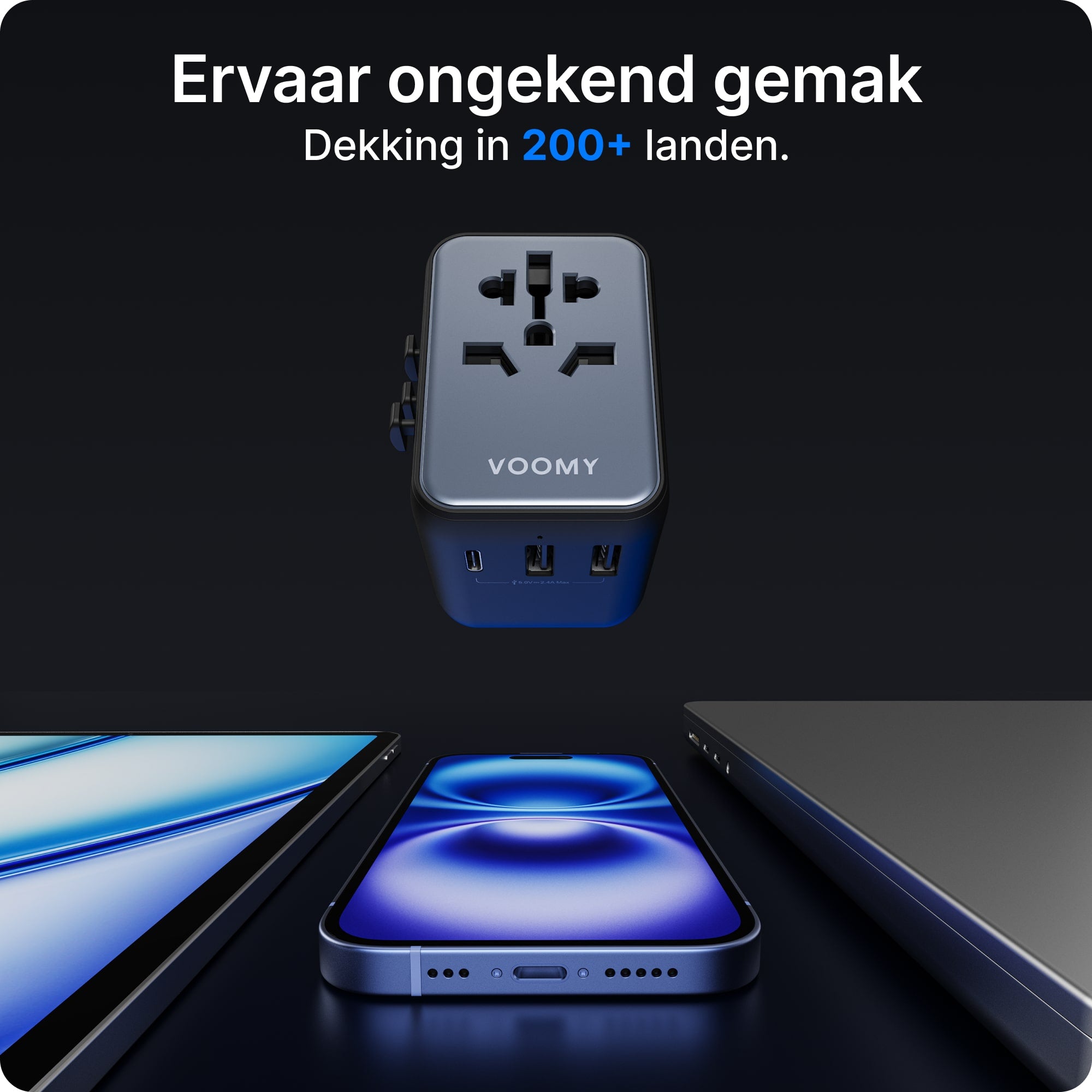 Voomy Travel Y612 - Wereldstekker - 170+ Landen - 12W Snellader - 1 USB-C 2 USB-A poorten - Space Grey/Blauw