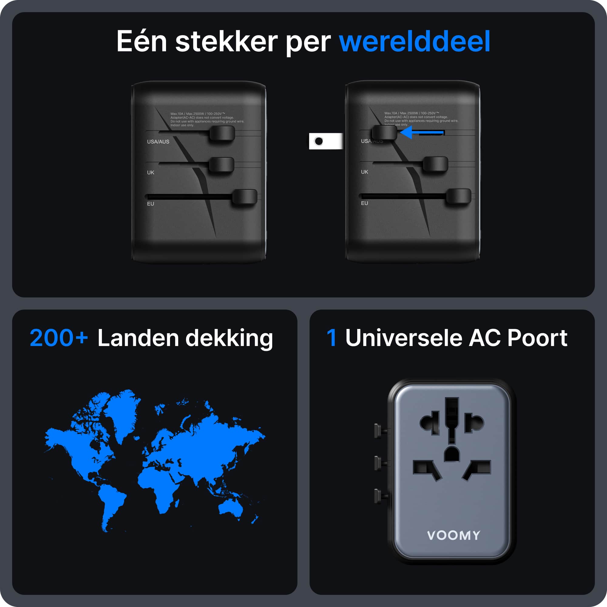 Voomy Travel Y612 - Wereldstekker - 170+ Landen - 12W Snellader - 1 USB-C 2 USB-A poorten - Space Grey/Blauw
