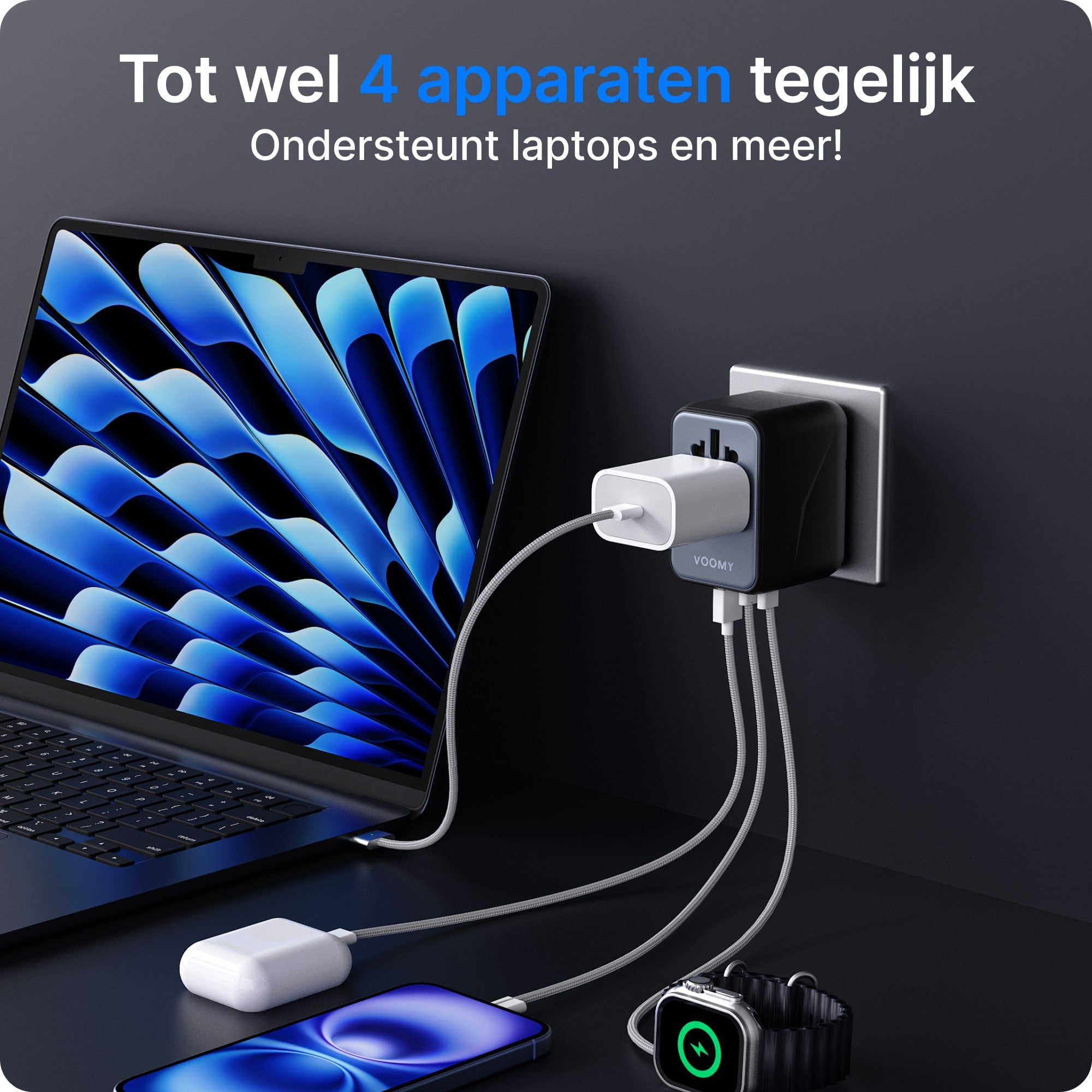 Voomy Travel Y612 - Wereldstekker - 170+ Landen - 12W Snellader - 1 USB-C 2 USB-A poorten - Space Grey/Blauw