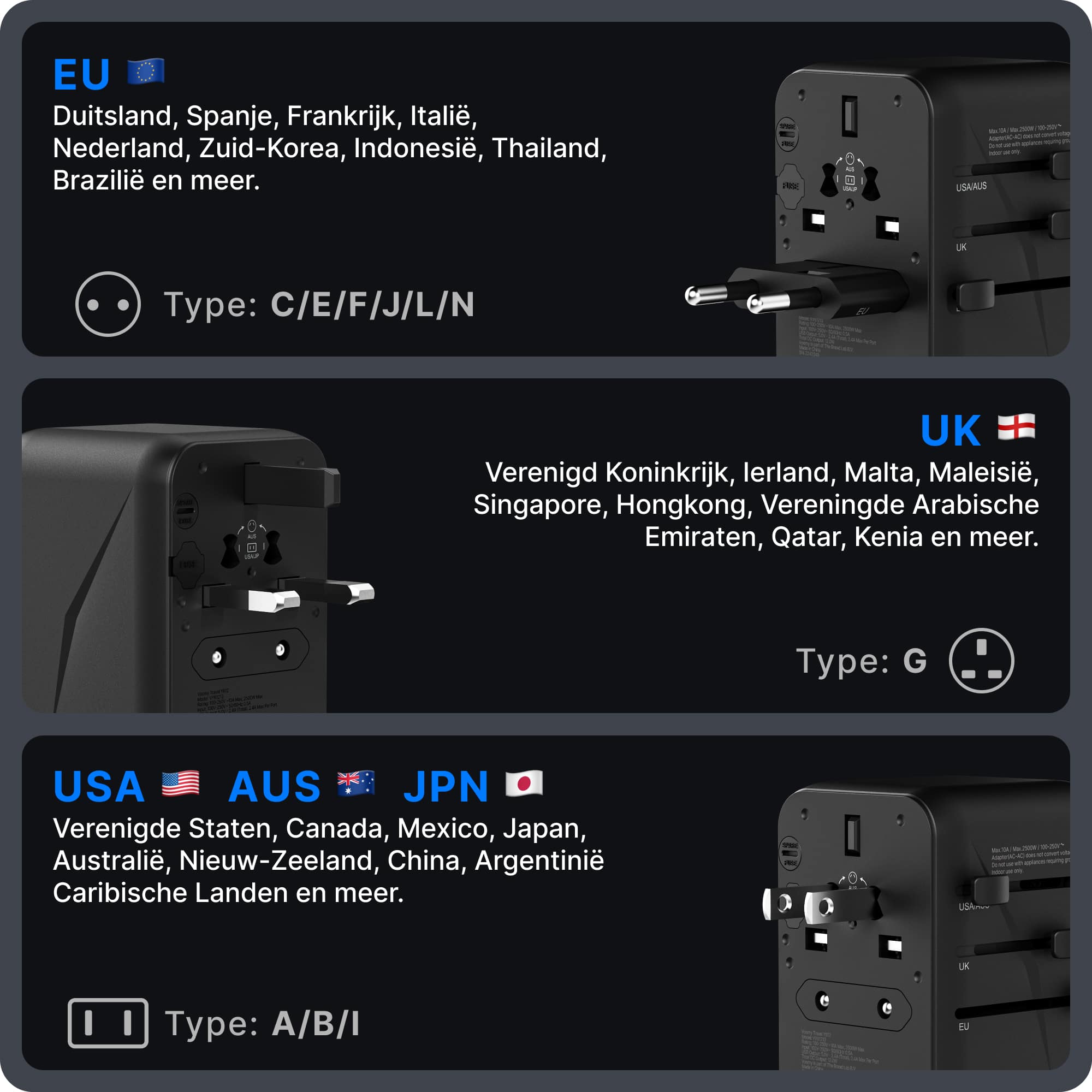 Voomy Travel Y612 - Wereldstekker - 170+ Landen - 12W Snellader - 1 USB-C 2 USB-A poorten - Space Grey/Blauw