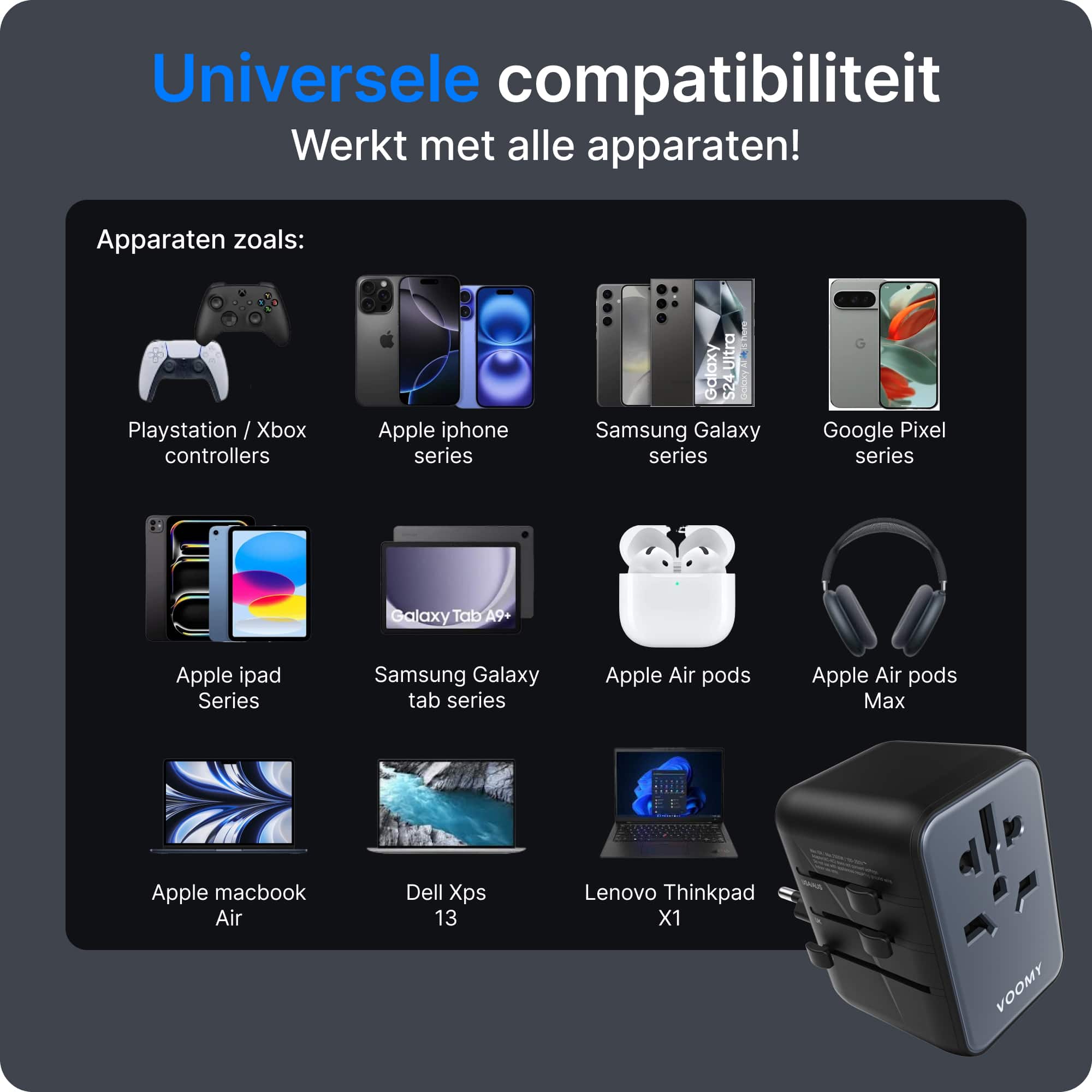 Voomy Travel Y612 - Wereldstekker - 170+ Landen - 12W Snellader - 1 USB-C 2 USB-A poorten - Space Grey/Blauw