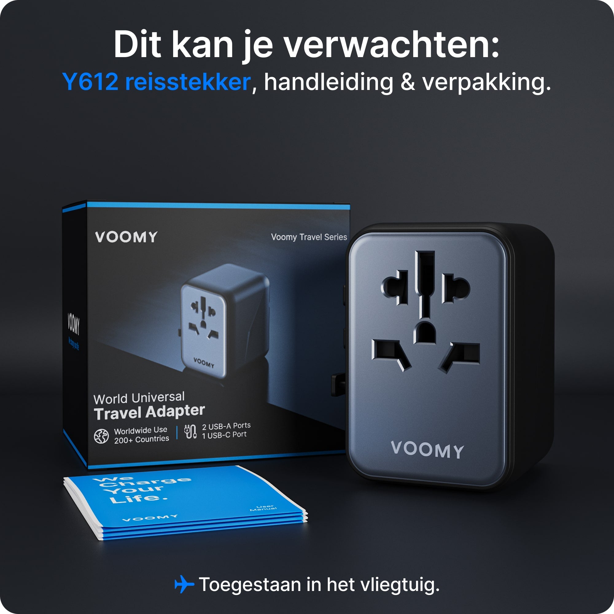 Voomy Travel Y612 - Wereldstekker - 170+ Landen - 12W Snellader - 1 USB-C 2 USB-A poorten - Space Grey/Blauw