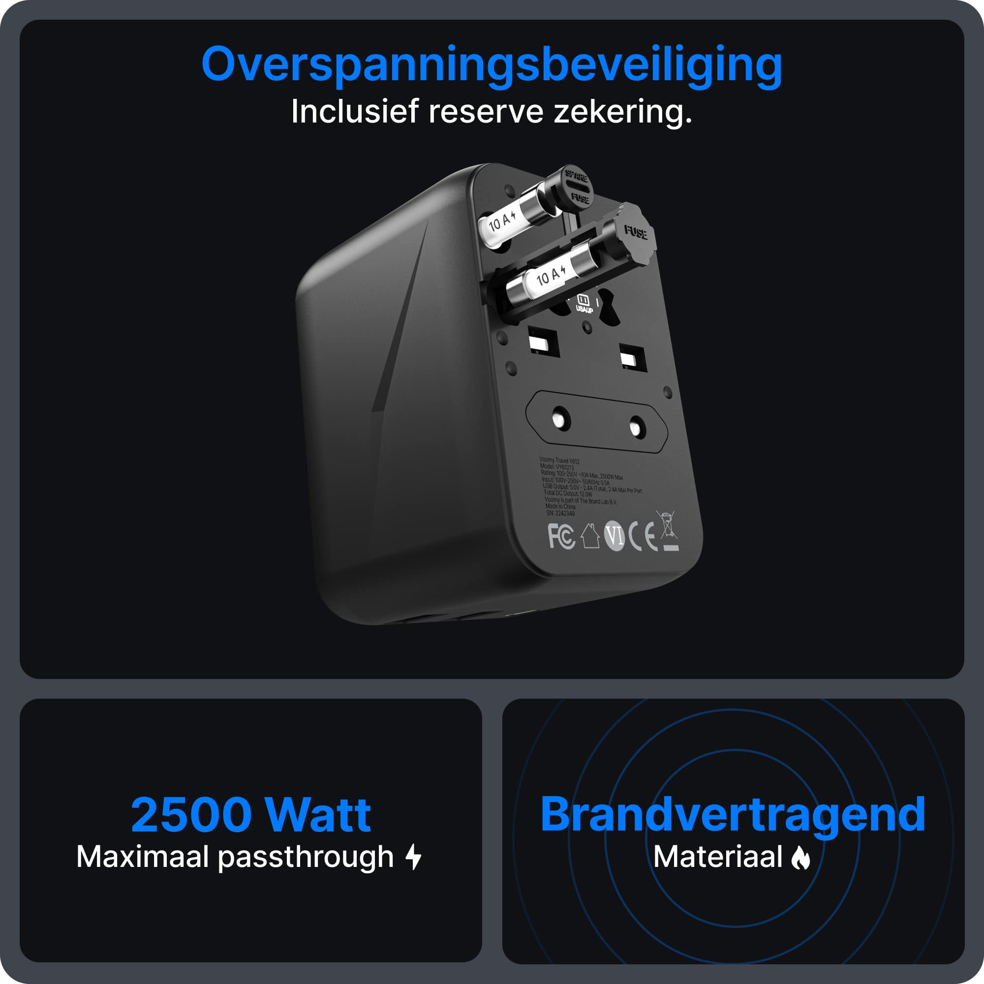Voomy Travel Y612 - Wereldstekker - 170+ Landen - 12W Snellader - 1 USB-C 2 USB-A poorten - Space Grey/Blauw