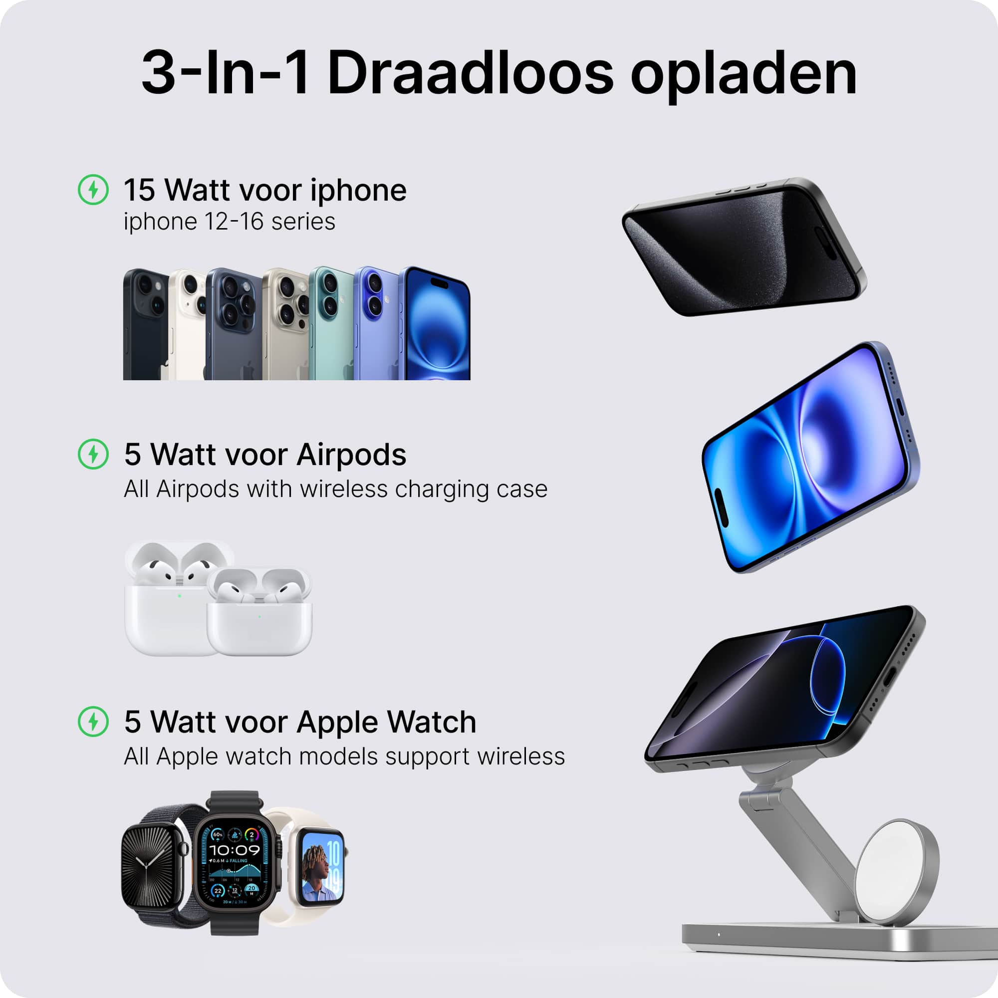 Voomy Wireless W3S - 3-in-1 Draadloze Oplader (15W Snellader) - Opvouwbaar - Wit