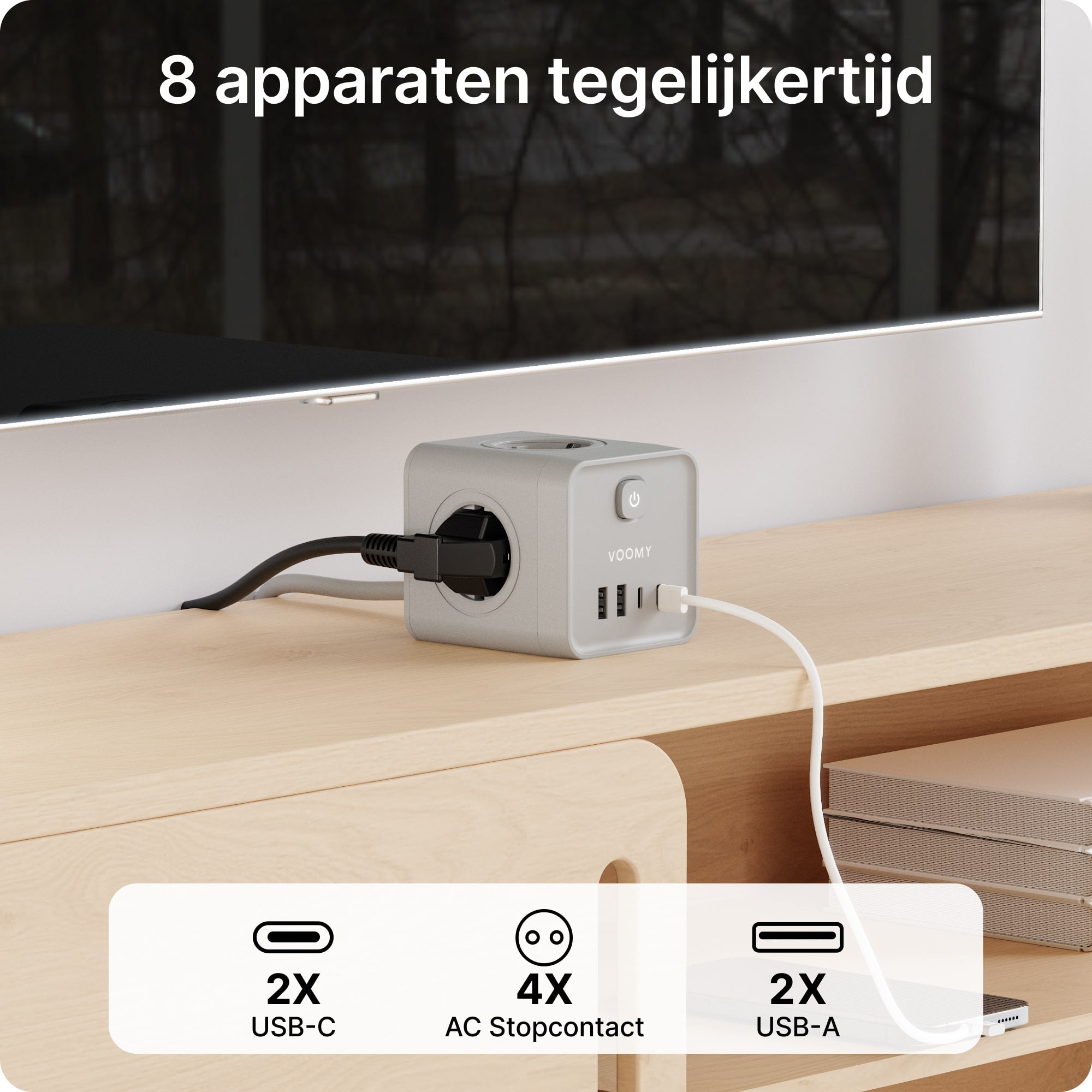 Voomy Power Cube S7 - Stekkerdoos met 4 stopcontact, 2 USB-C (20W) & 2 USB-A - 2 Meter - Home stekkerdoos - Grijs