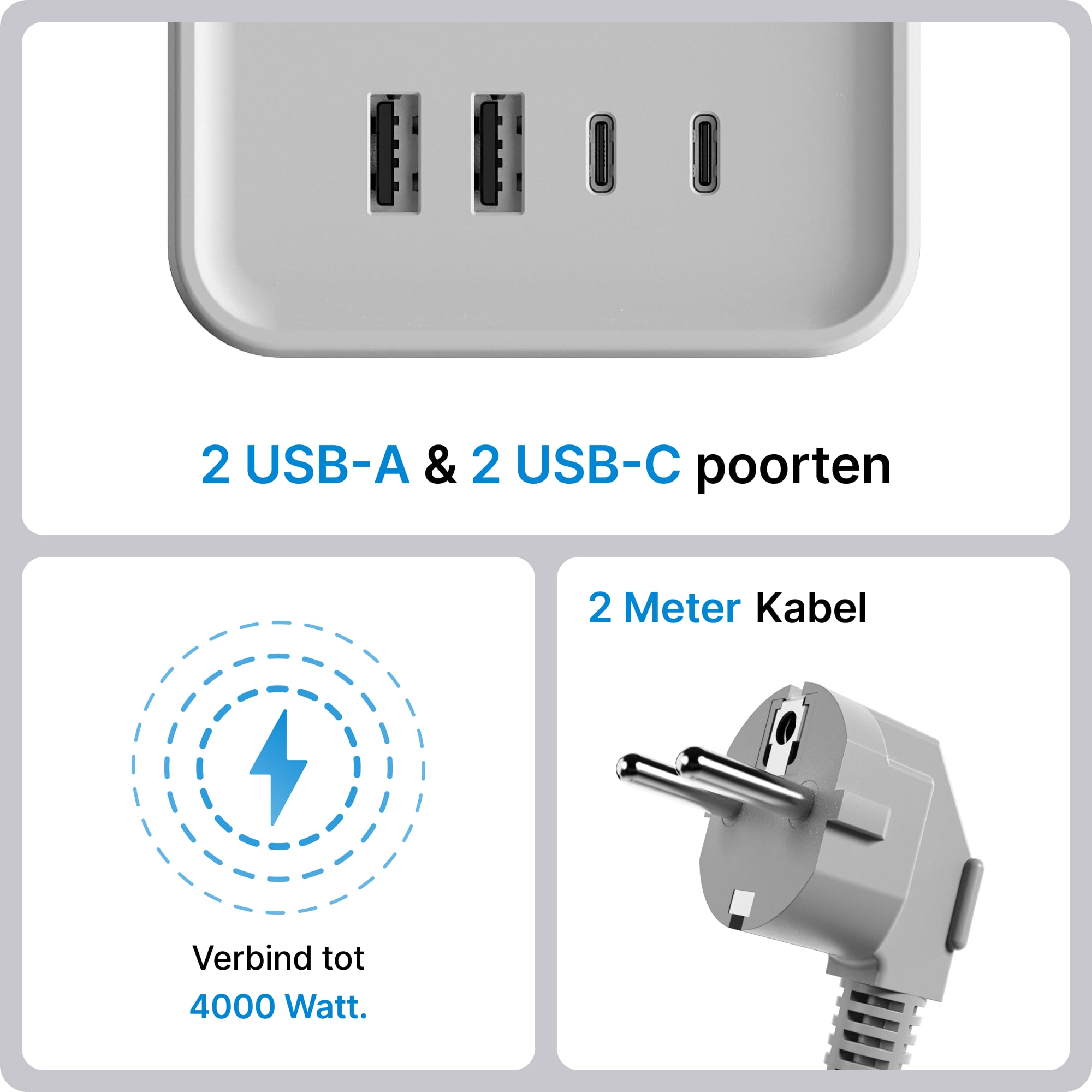 Voomy Power Cube S7 - Stekkerdoos met 4 stopcontact, 2 USB-C (20W) & 2 USB-A - 2 Meter - Home stekkerdoos - Grijs