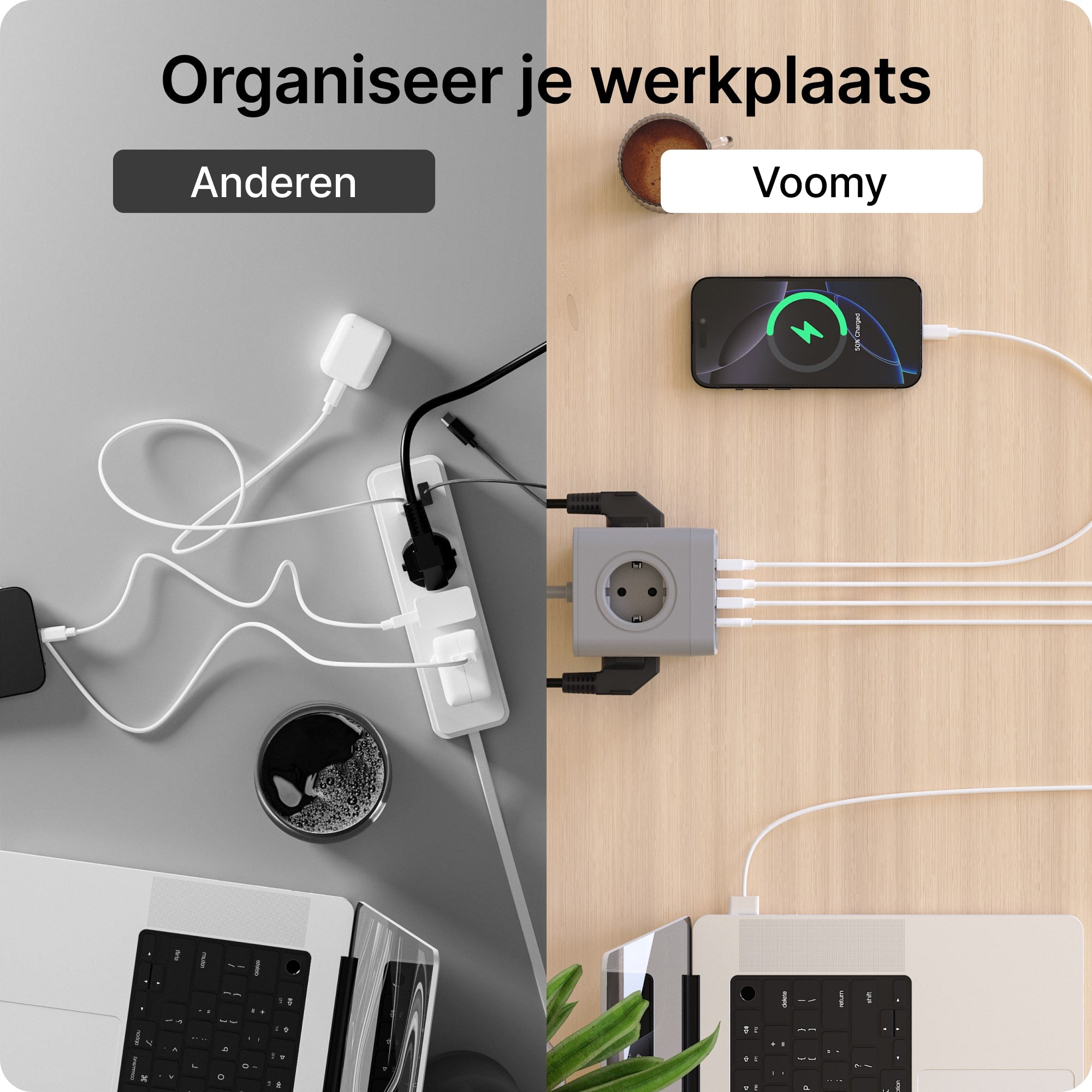 Voomy Power Cube S7 - Stekkerdoos met 4 stopcontact, 2 USB-C (20W) & 2 USB-A - 2 Meter - Home stekkerdoos - Grijs