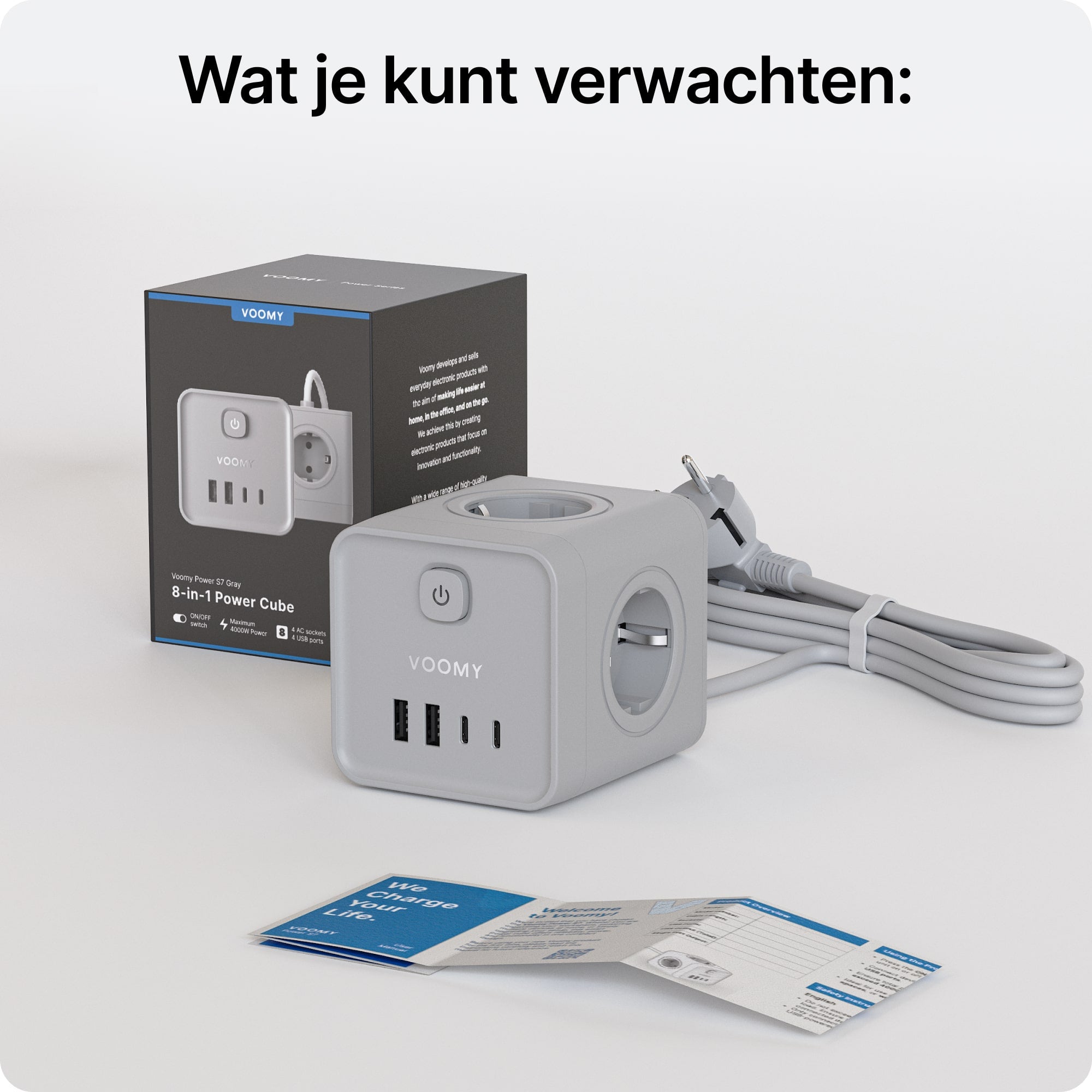 Voomy Power Cube S7 - Stekkerdoos met 4 stopcontact, 2 USB-C (20W) & 2 USB-A - 2 Meter - Home stekkerdoos - Grijs
