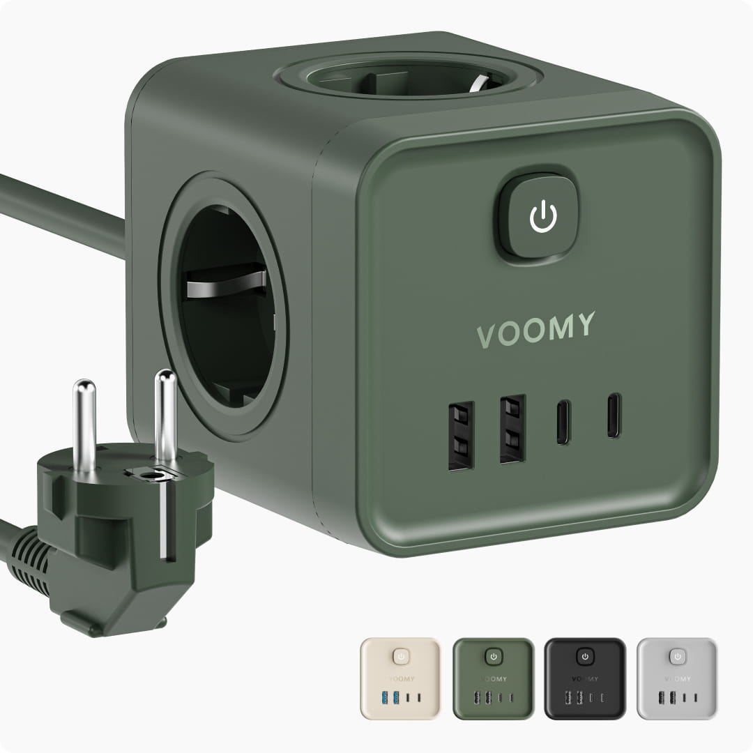 Voomy Power Cube S7 - Stekkerdoos met 4 stopcontact, 2 USB-C (20W) & 2 USB-A - 2 Meter - Home stekkerdoos - Groen