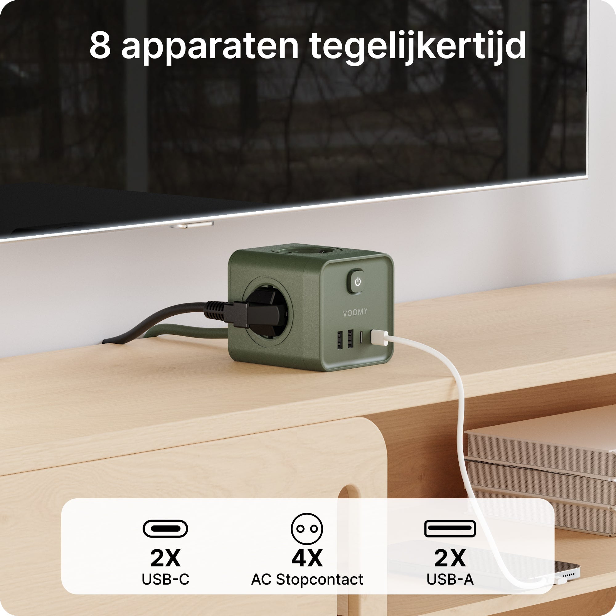 Voomy Power Cube S7 - Stekkerdoos met 4 stopcontact, 2 USB-C (20W) & 2 USB-A - 2 Meter - Home stekkerdoos - Groen