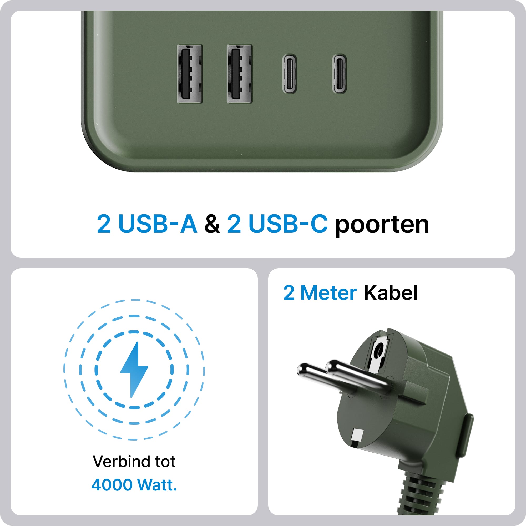 Voomy Power Cube S7 - Stekkerdoos met 4 stopcontact, 2 USB-C (20W) & 2 USB-A - 2 Meter - Home stekkerdoos - Groen