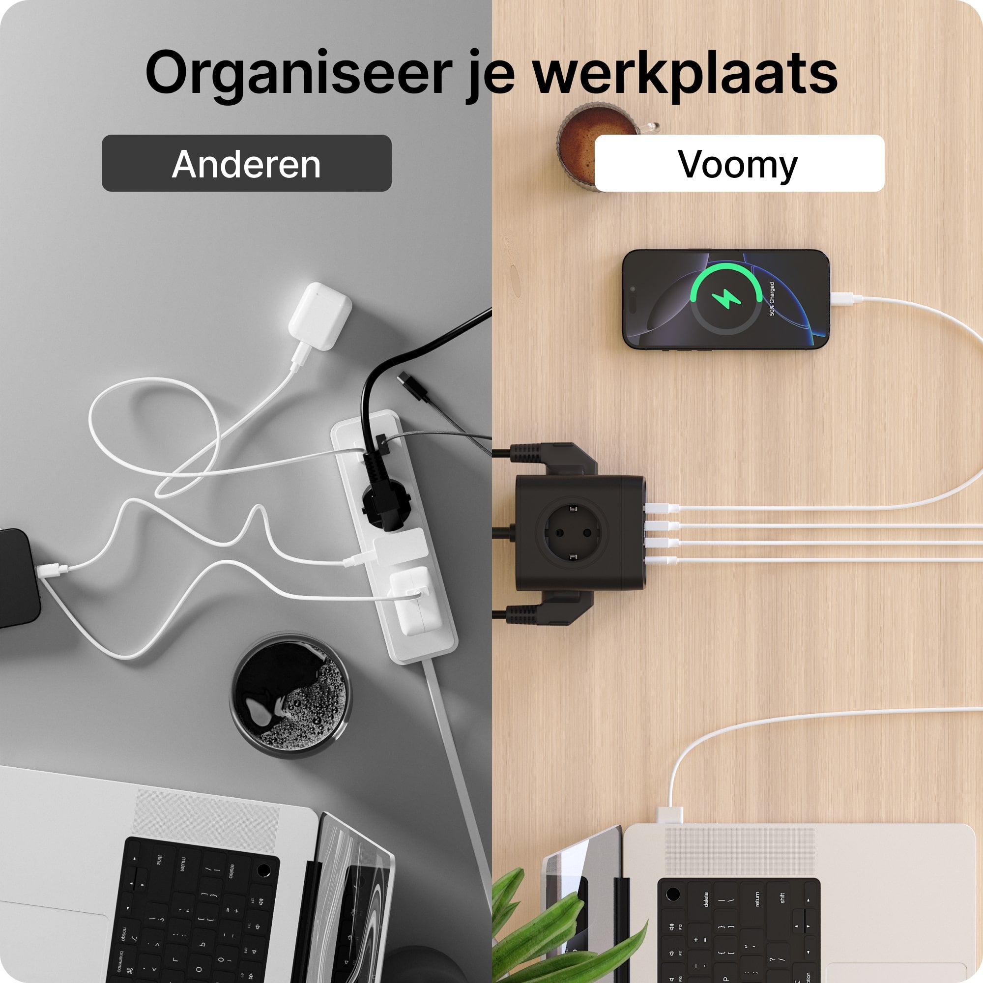 Voomy Power Cube S7 - Stekkerdoos met 4 stopcontact, 2 USB-C (20W) & 2 USB-A - 2 Meter - Home stekkerdoos - Groen