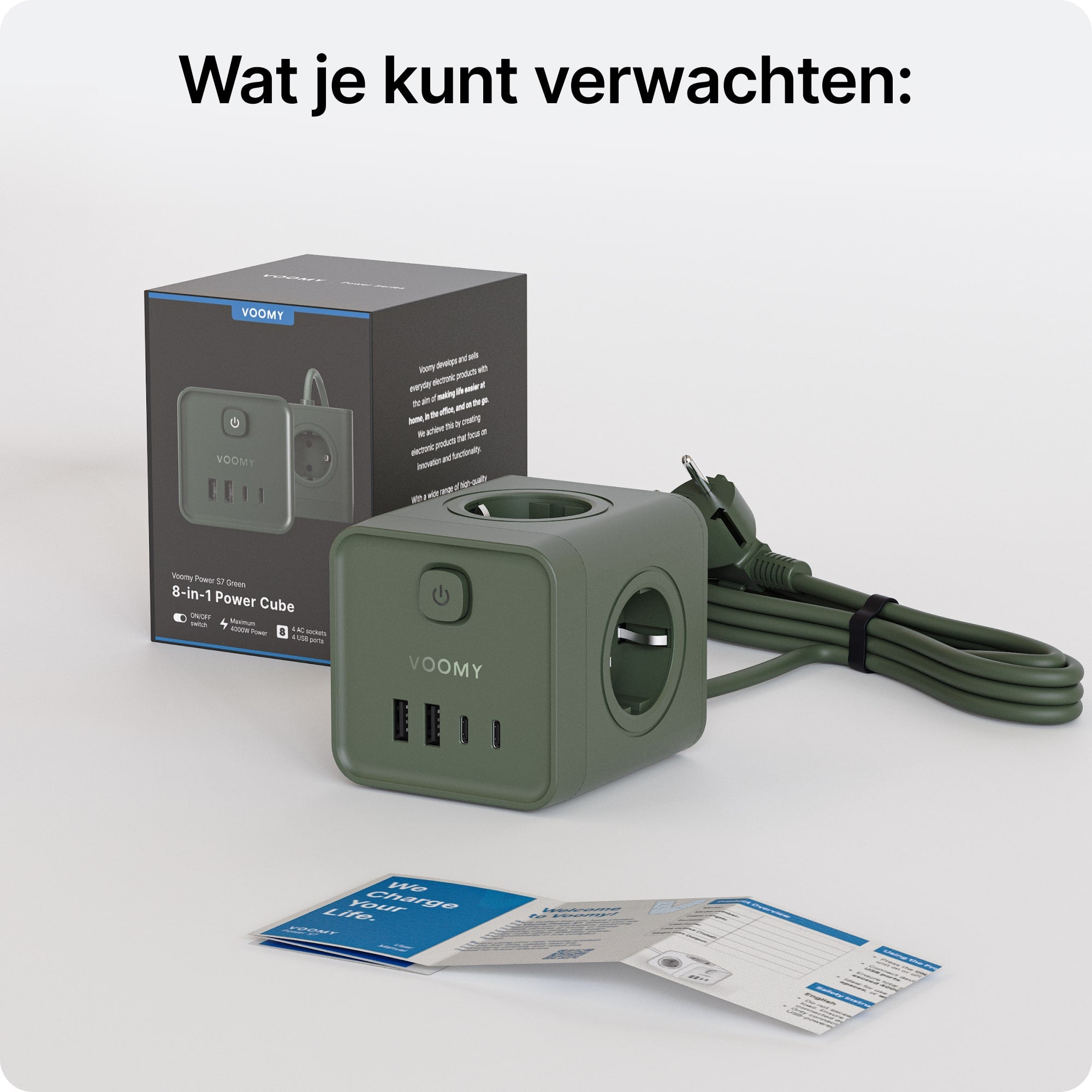 Voomy Power Cube S7 - Stekkerdoos met 4 stopcontact, 2 USB-C (20W) & 2 USB-A - 2 Meter - Home stekkerdoos - Groen