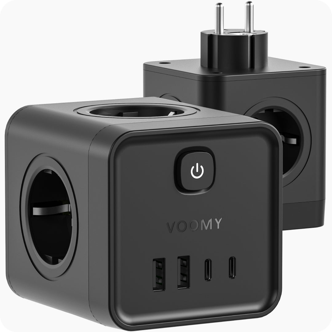 Voomy Split X7 - 8-in-1 Home Verdeelstekker - 4 stopcontacten, 2 USB-C (20W) & 2 USB-A - Zwart
