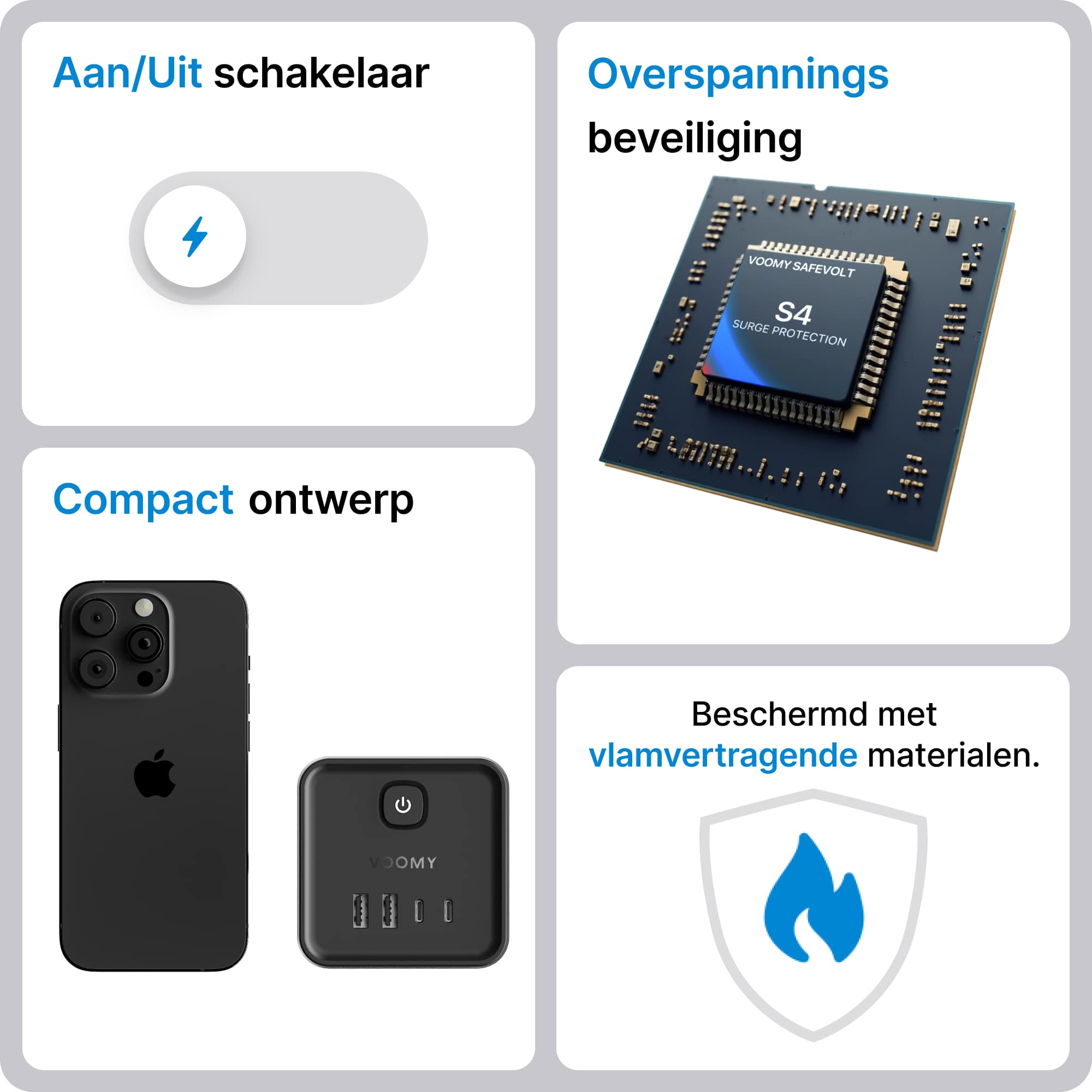 Voomy Split X7 - 8-in-1 Home Verdeelstekker - 4 stopcontacten, 2 USB-C (20W) & 2 USB-A - Zwart