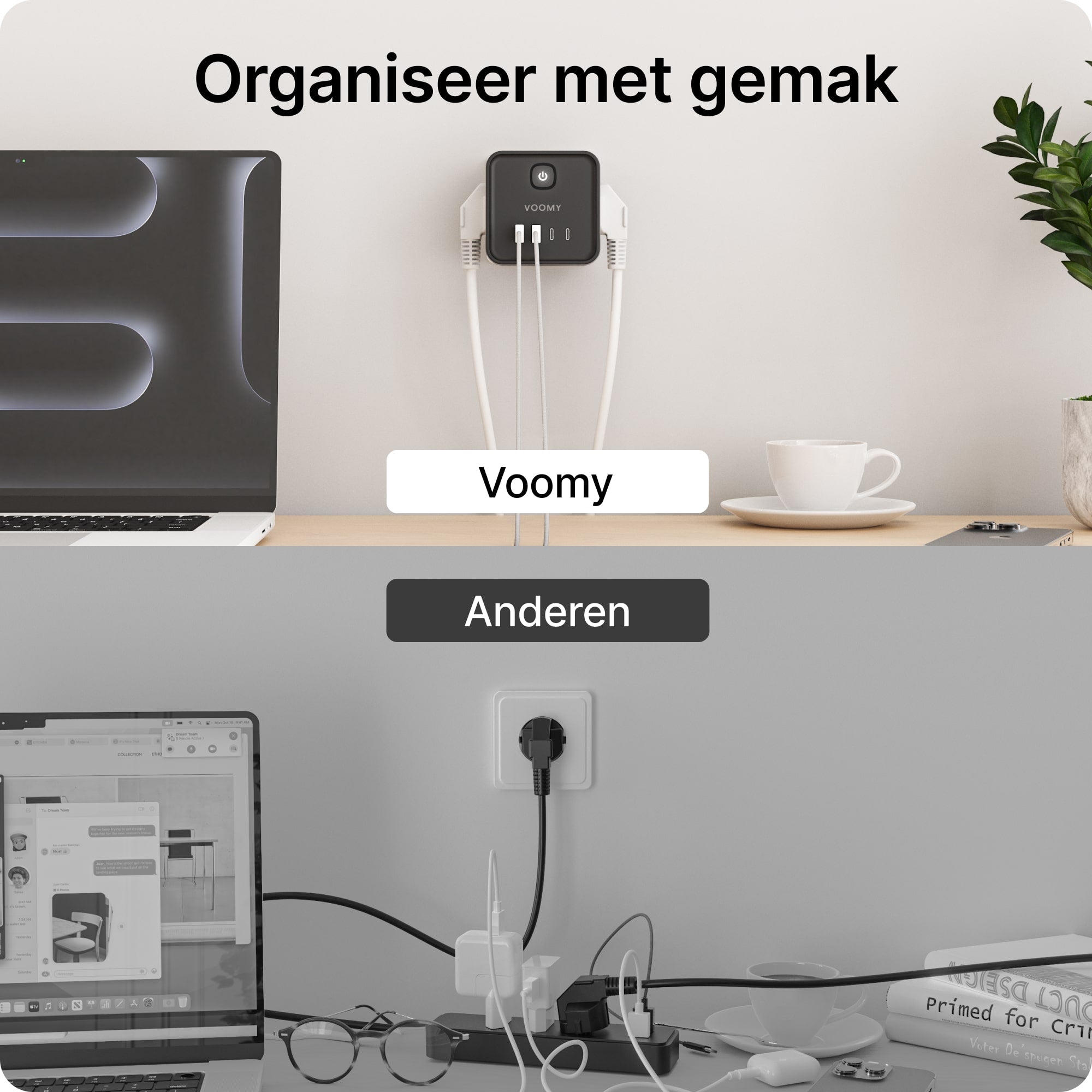 Voomy Split X7 - 8-in-1 Home Verdeelstekker - 4 stopcontacten, 2 USB-C (20W) & 2 USB-A - Zwart