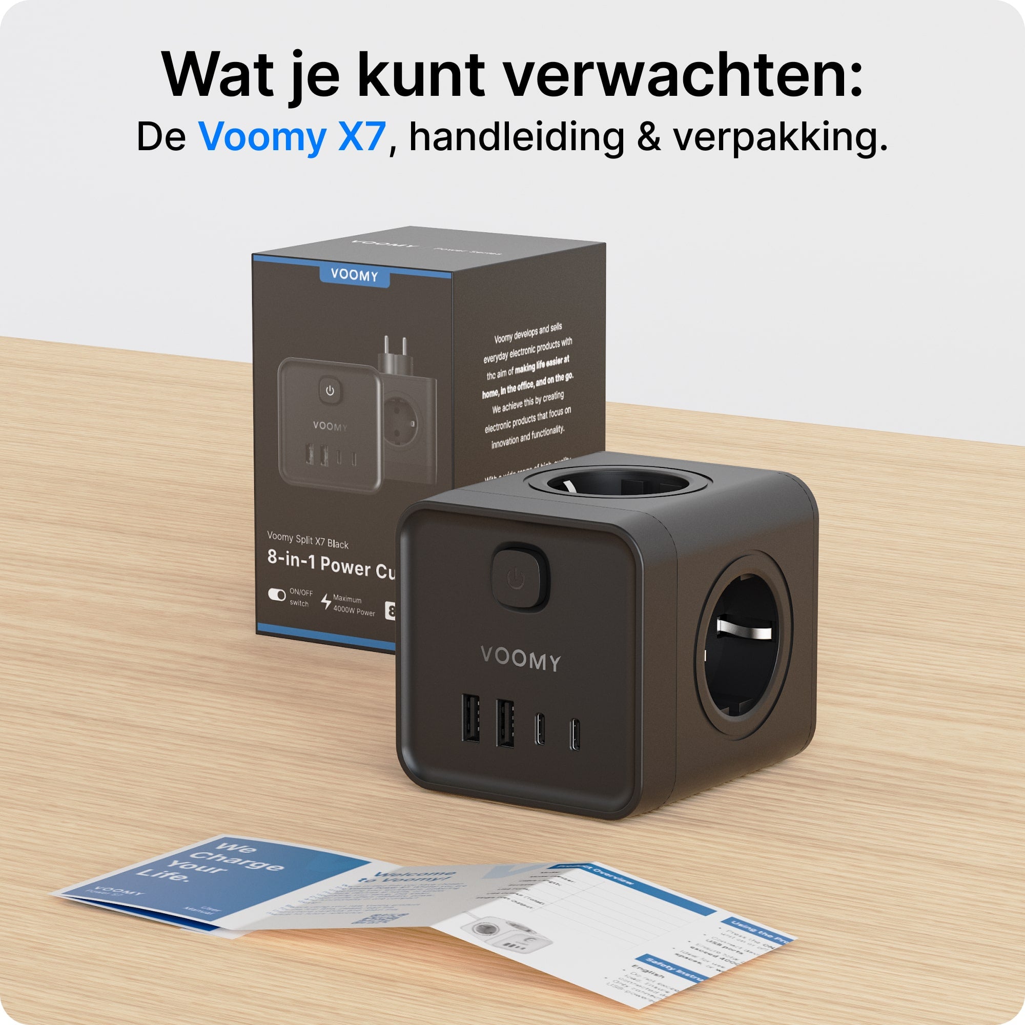 Voomy Split X7 - 8-in-1 Home Verdeelstekker - 4 stopcontacten, 2 USB-C (20W) & 2 USB-A - Zwart