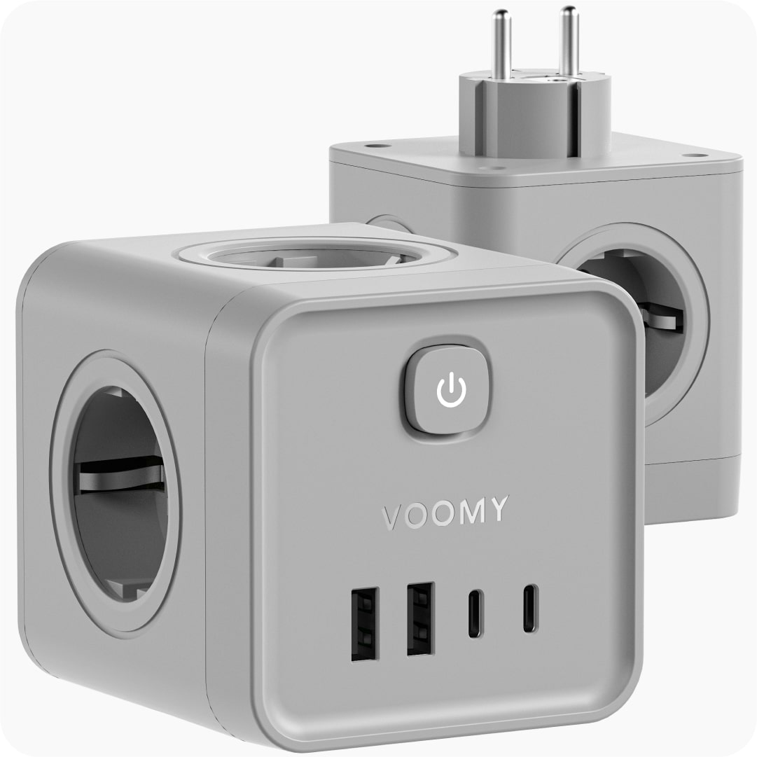 Voomy Split X7 - 8-in-1 Home Verdeelstekker - 4 stopcontacten, 2 USB-C (20W) & 2 USB-A - Grijs