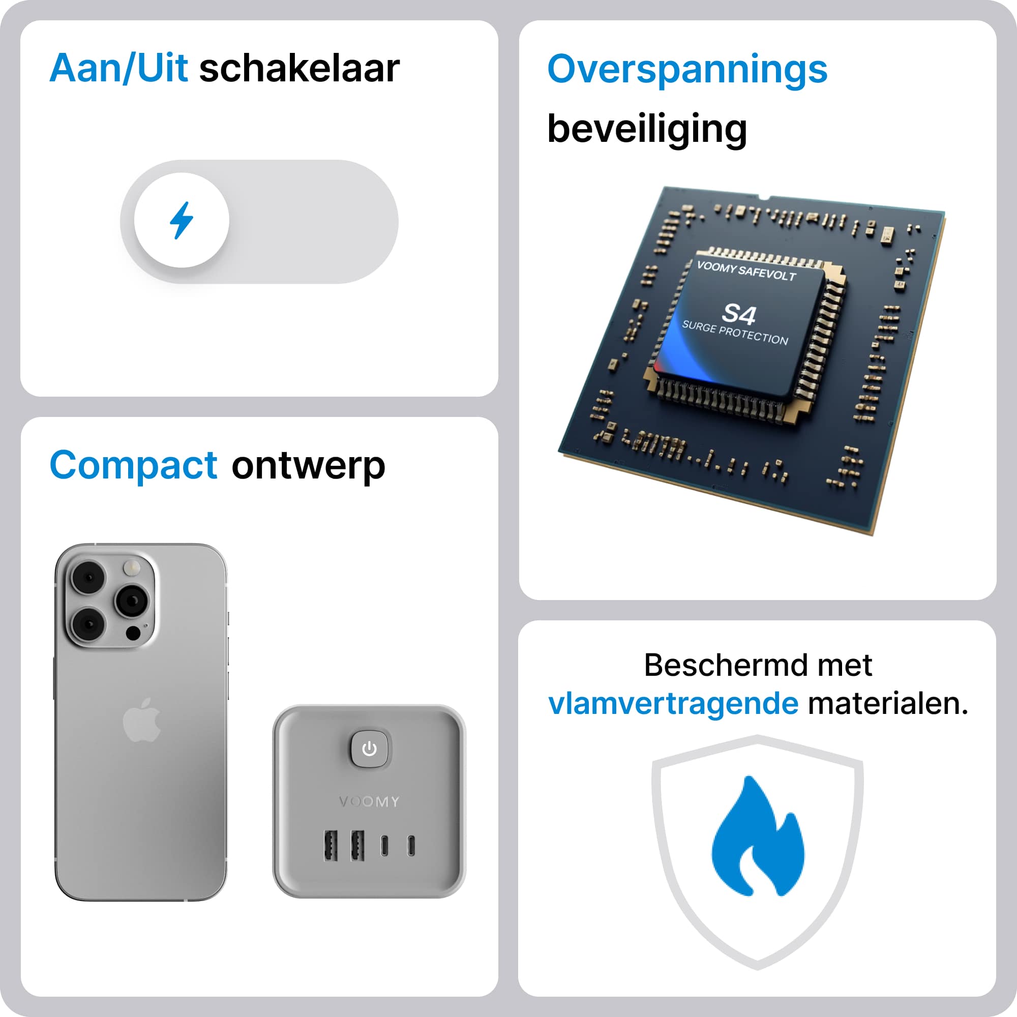 Voomy Split X7 - 8-in-1 Home Verdeelstekker - 4 stopcontacten, 2 USB-C (20W) & 2 USB-A - Grijs