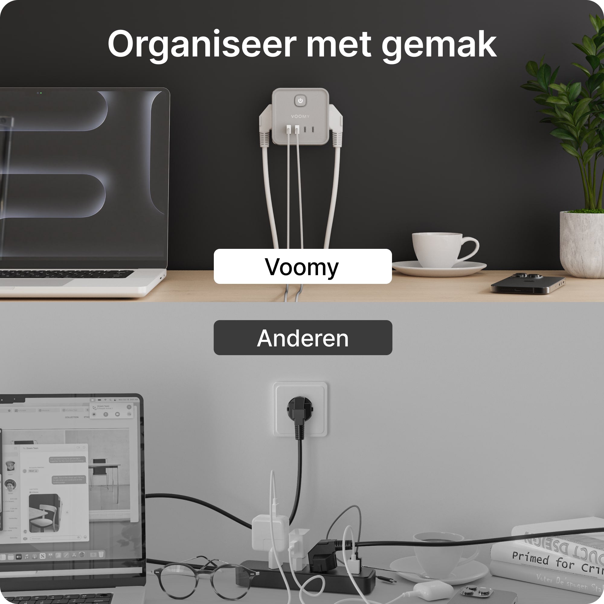 Voomy Split X7 - 8-in-1 Home Verdeelstekker - 4 stopcontacten, 2 USB-C (20W) & 2 USB-A - Grijs