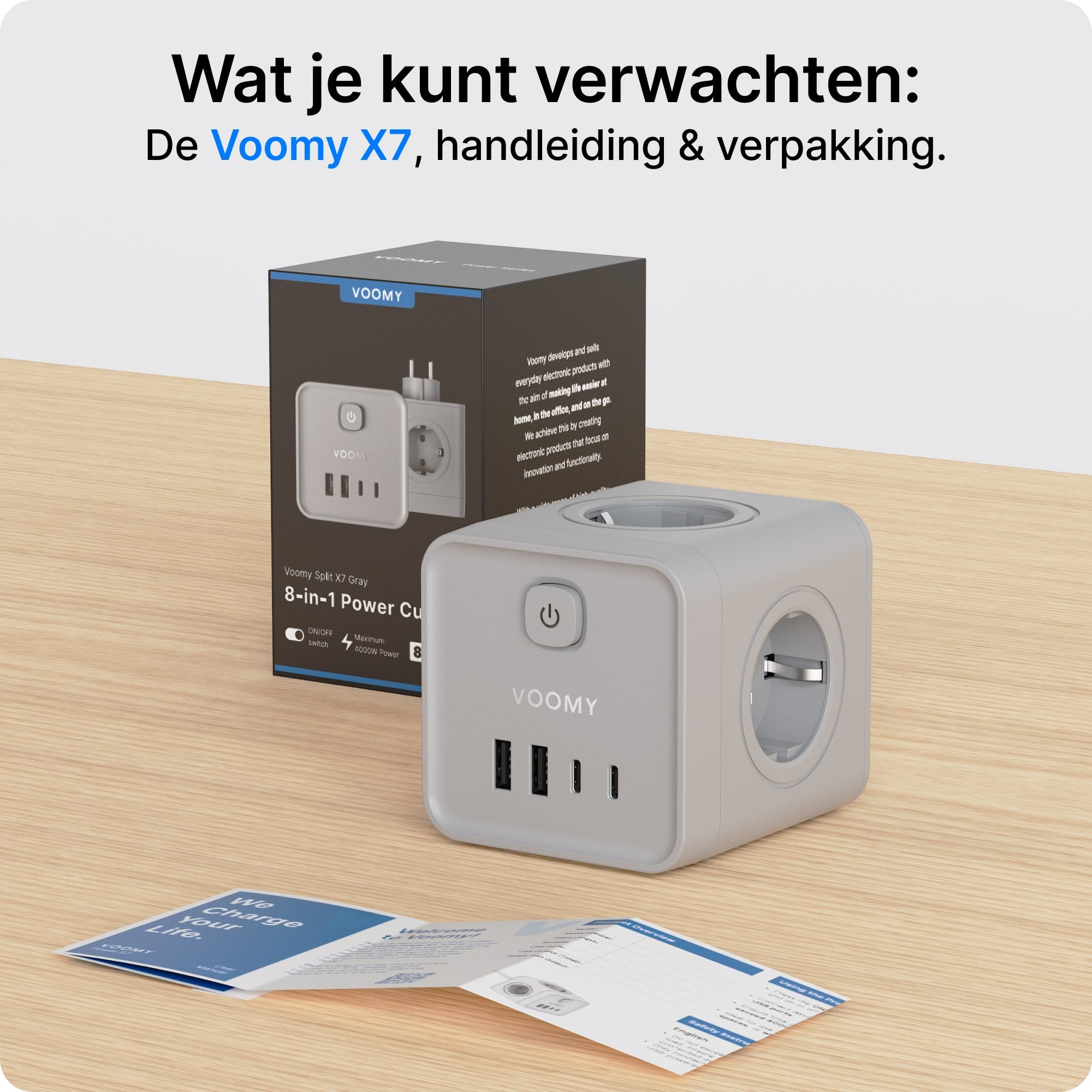 Voomy Split X7 - 8-in-1 Home Verdeelstekker - 4 stopcontacten, 2 USB-C (20W) & 2 USB-A - Grijs